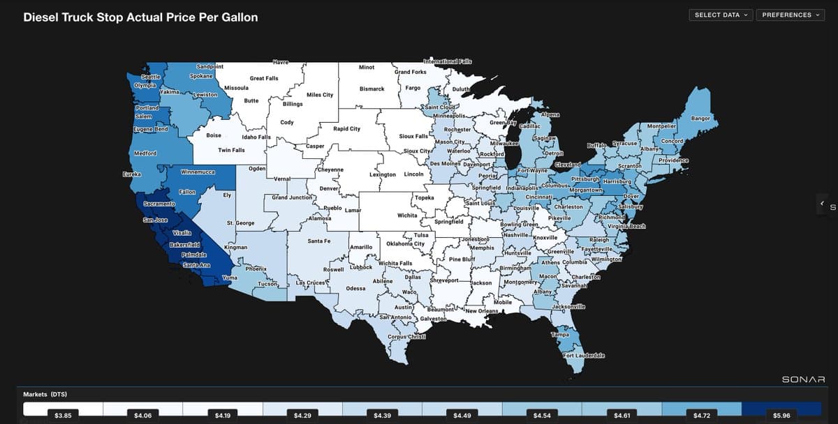 SFO Leads Diesel Prices at $5.96/gal Nationwide Map