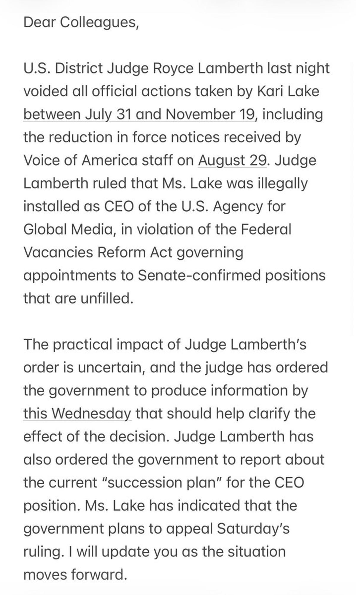 VOA Chief Alerts Staff After Judge Rules Lake Illegal