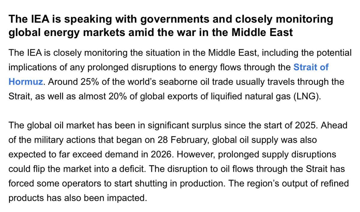 IEA Warns Surplus Could Turn Deficit Amid Middle East Turmoil