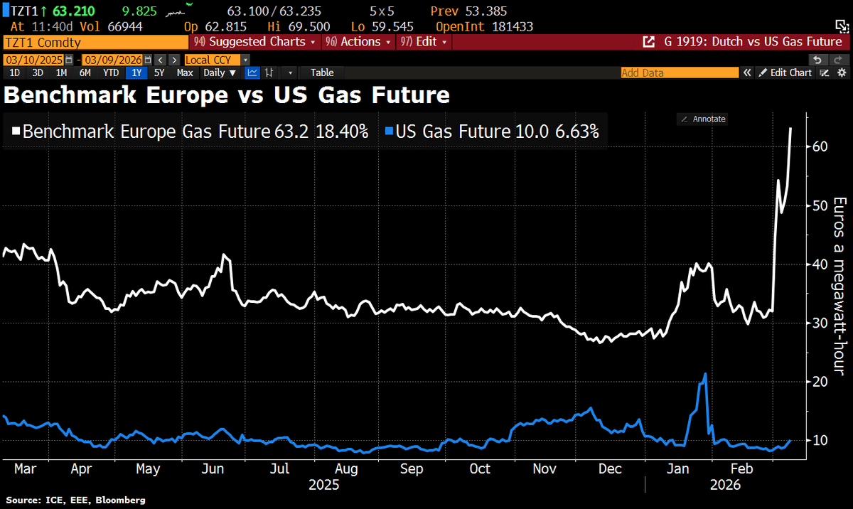 German Gas Prices Surge to €60/MWh, Sixfold US Cost