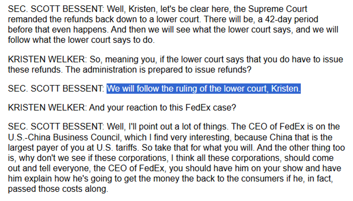 Bessent Hints at IEEPA Tariff Refunds, Slams FedEx CEO