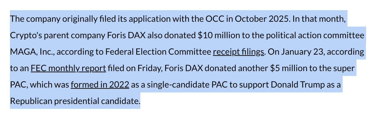 Crypto.com's $15M Trump Donation Raises Charter Conflict