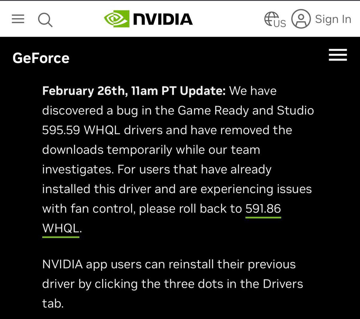 Nvidia Retracts New Drivers over Fan Detection Bug