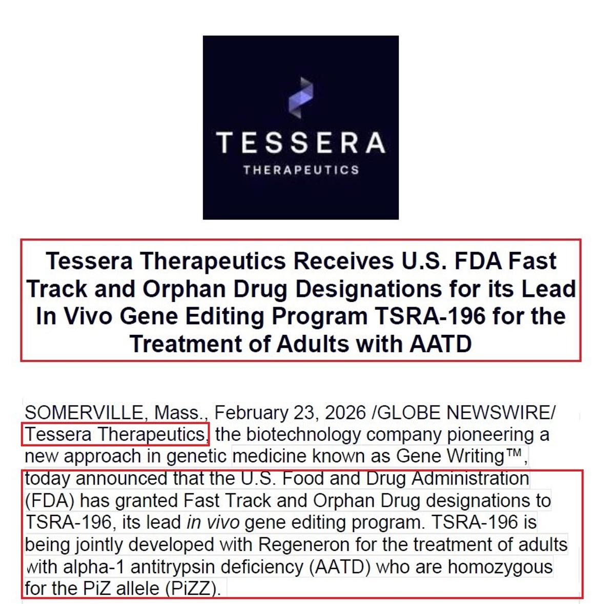 FDA Grants Fast Track, Orphan Status to TSRA-196