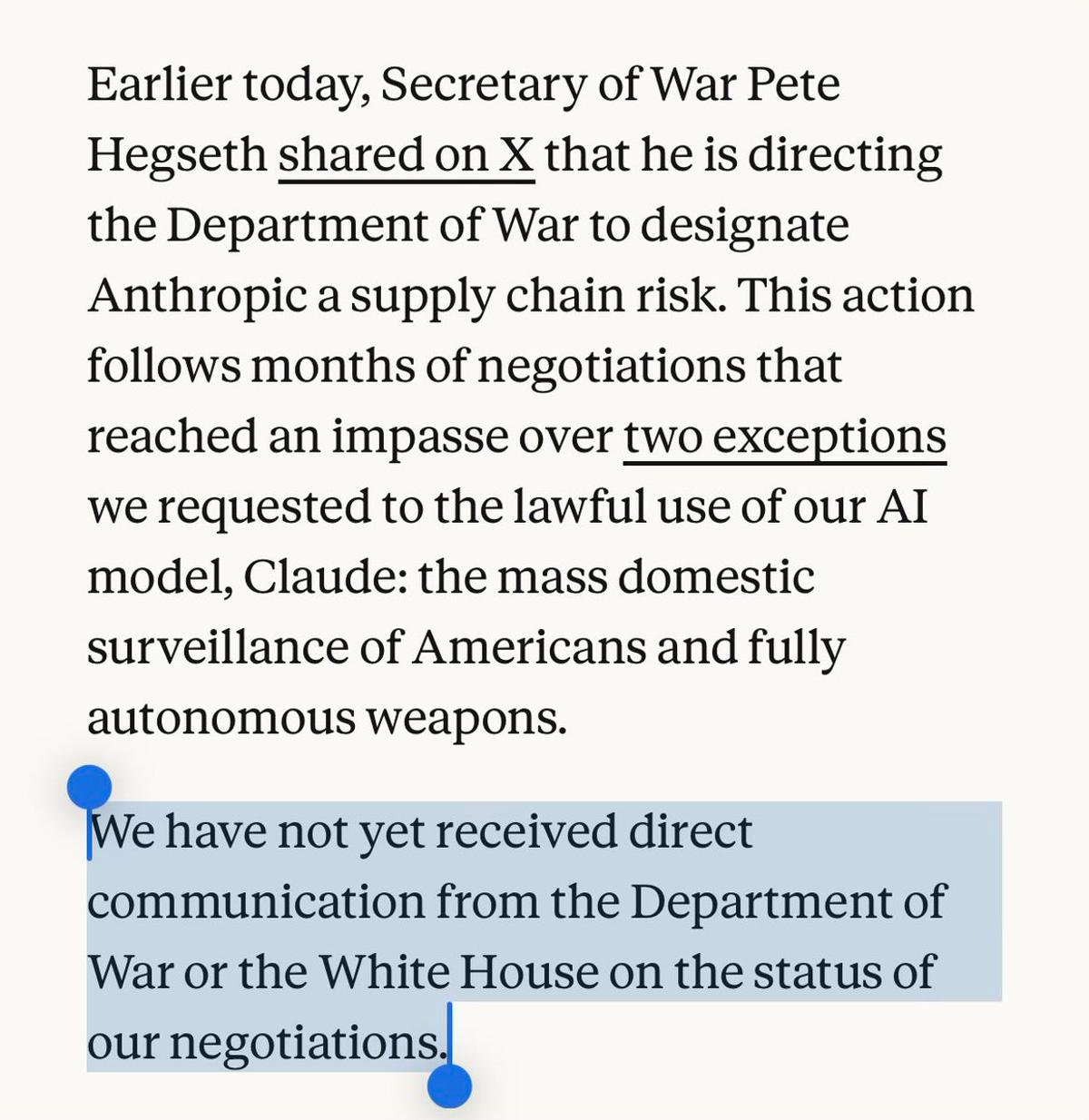 War Dept Flags Company Risk on X Before Notification