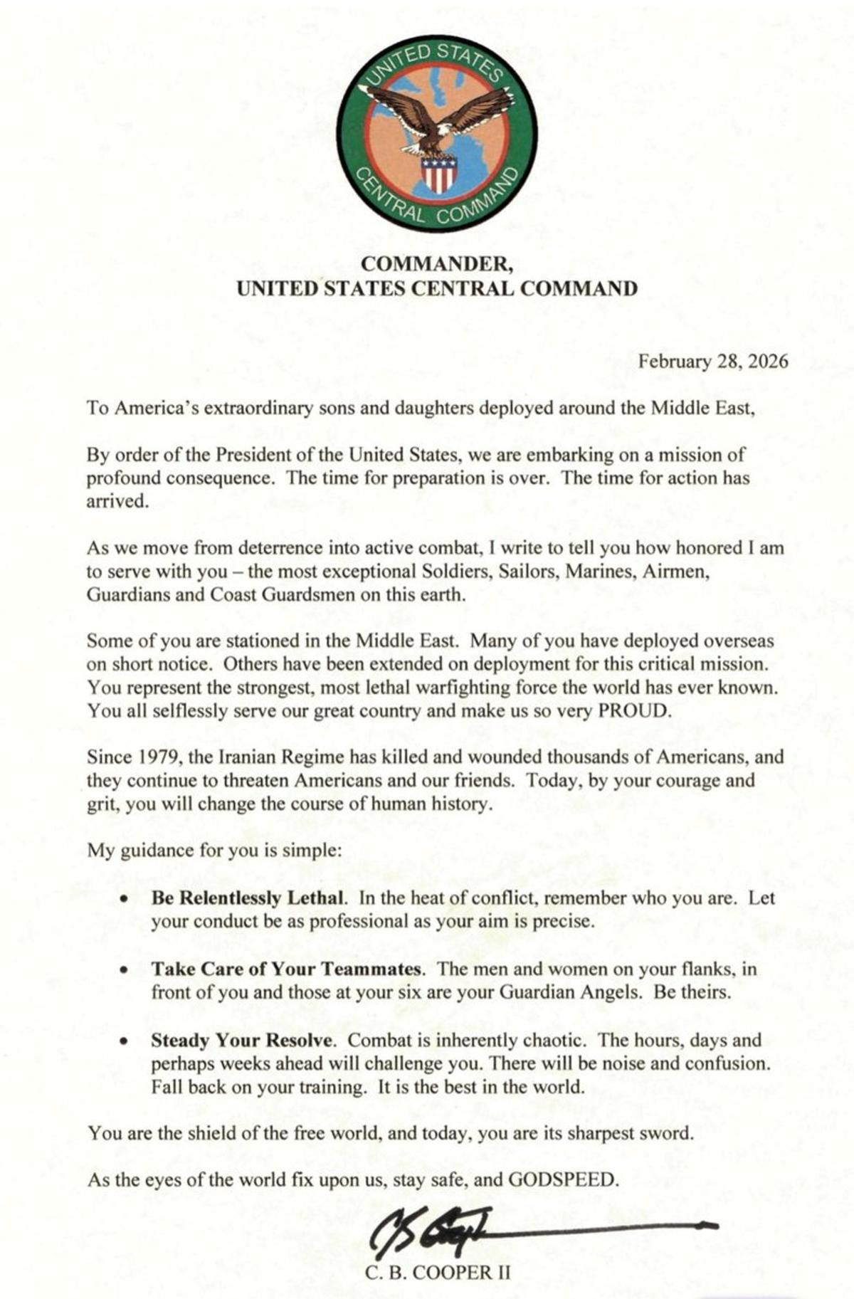 CENTCOM Chief Addresses 50,000 Troops Amid Iran Ops