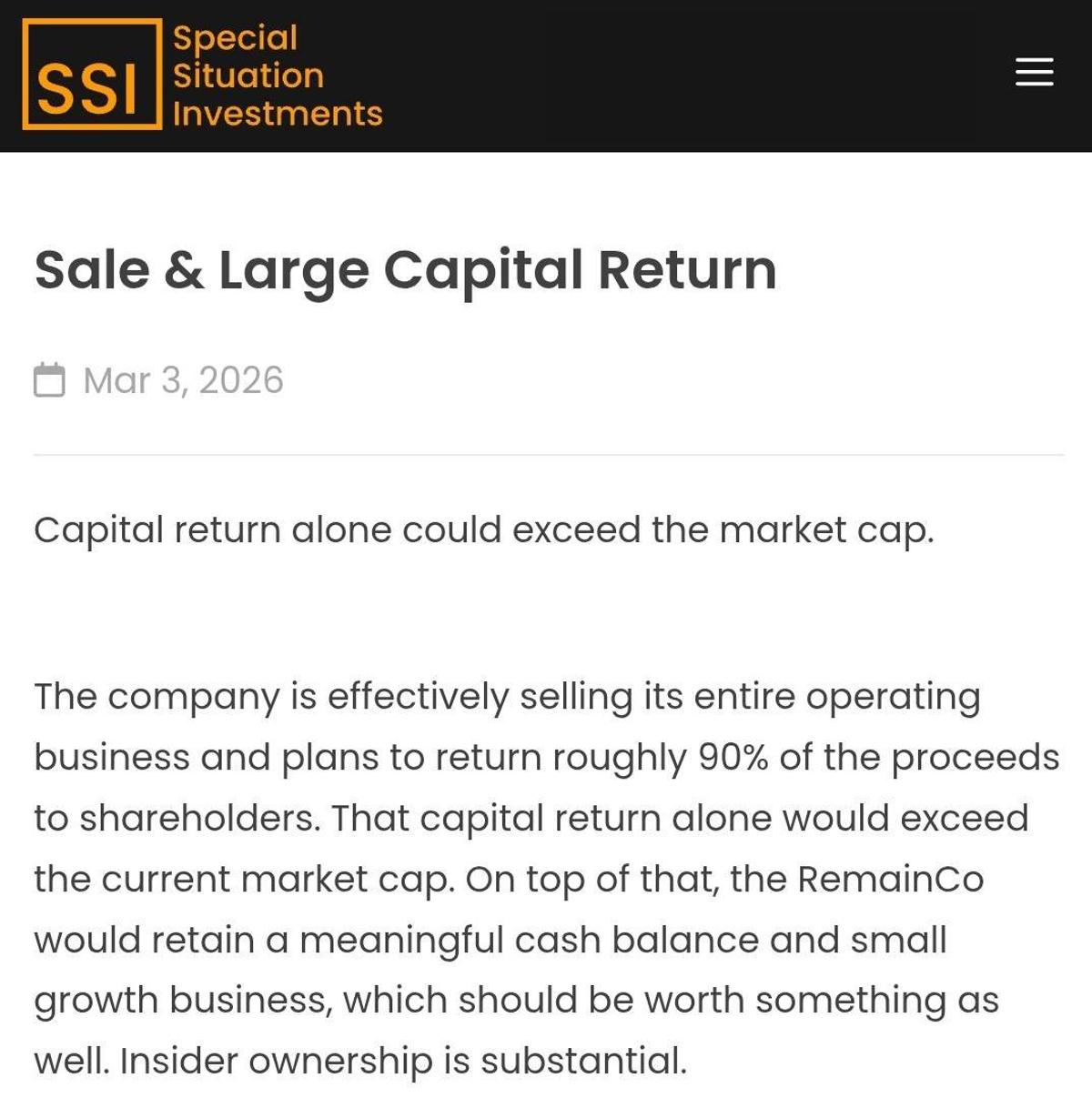 Company Sells OpCo, Returns 90% Proceeds, Exceeds Market Cap