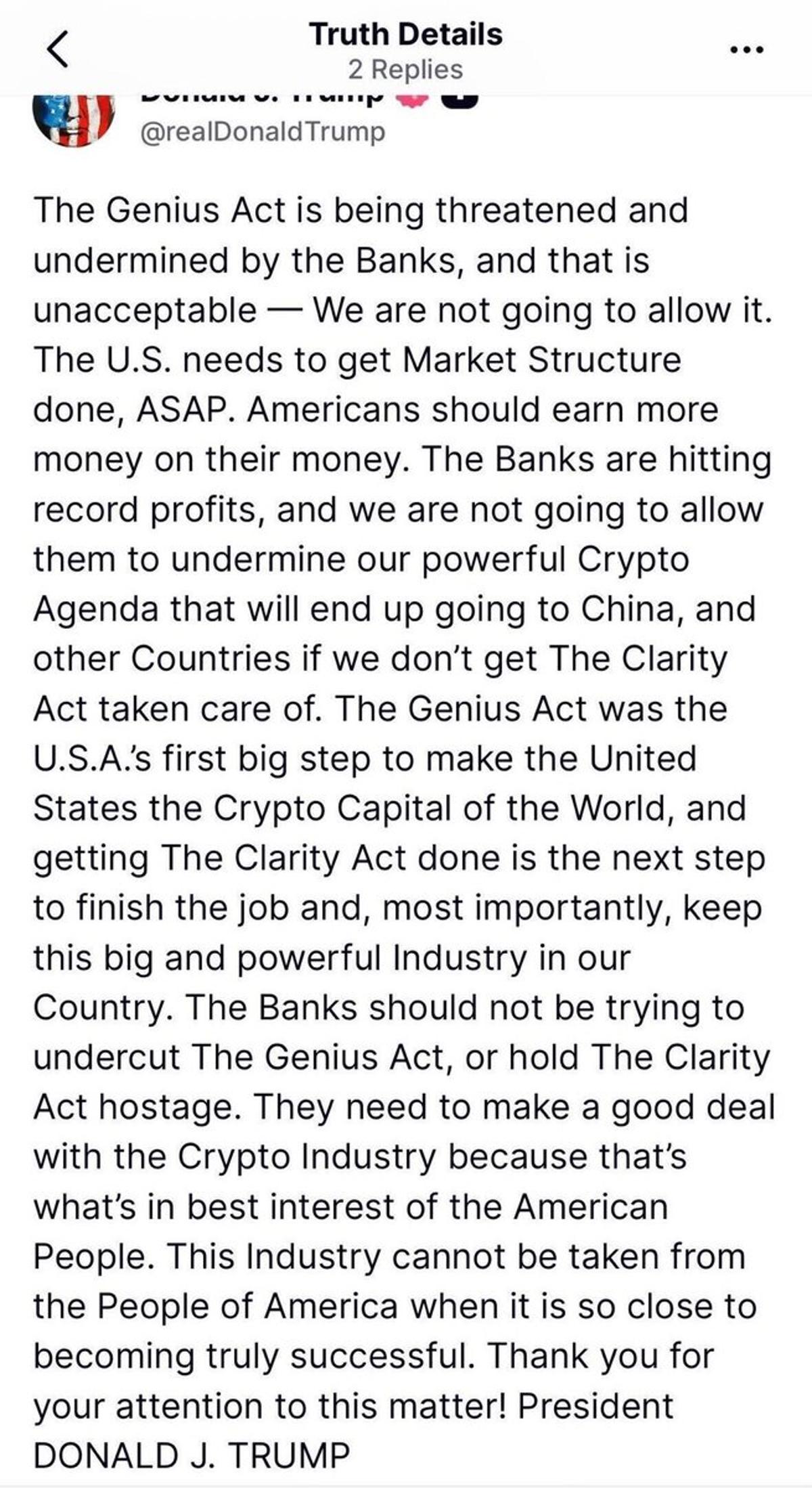 POTUS Urges Swift CLARITY Action for Americans' Benefit