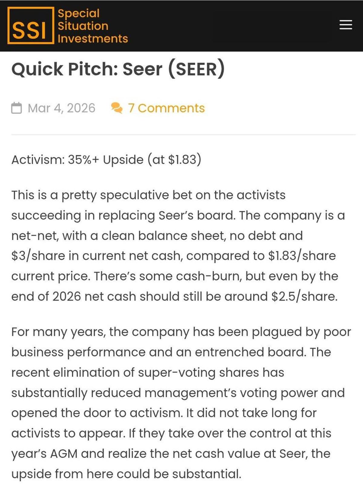 Activists Target SEER at 60% Cash, 35% Upside