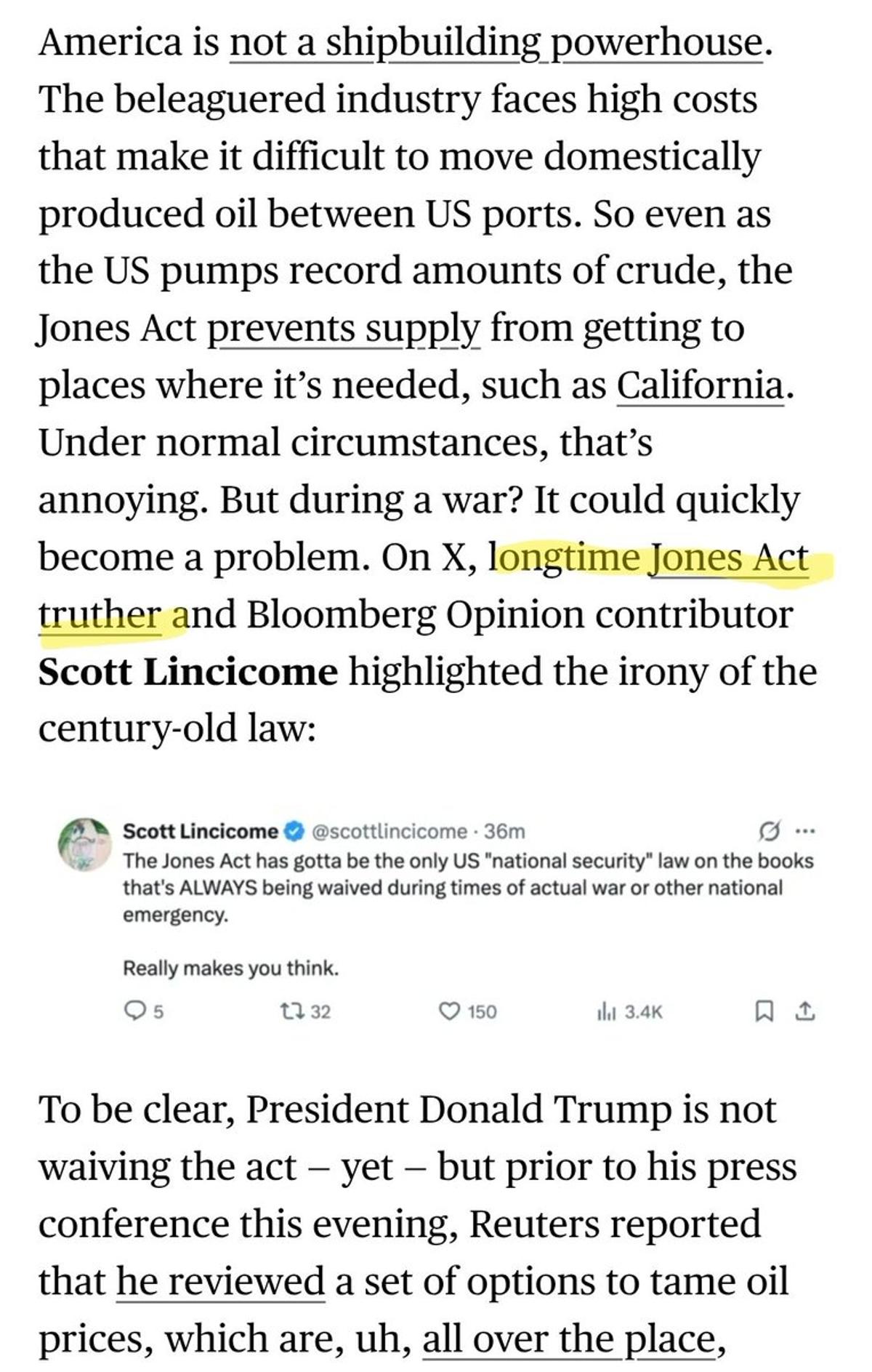 Oil Surge Prompts Trump to Reevaluate Jones Act