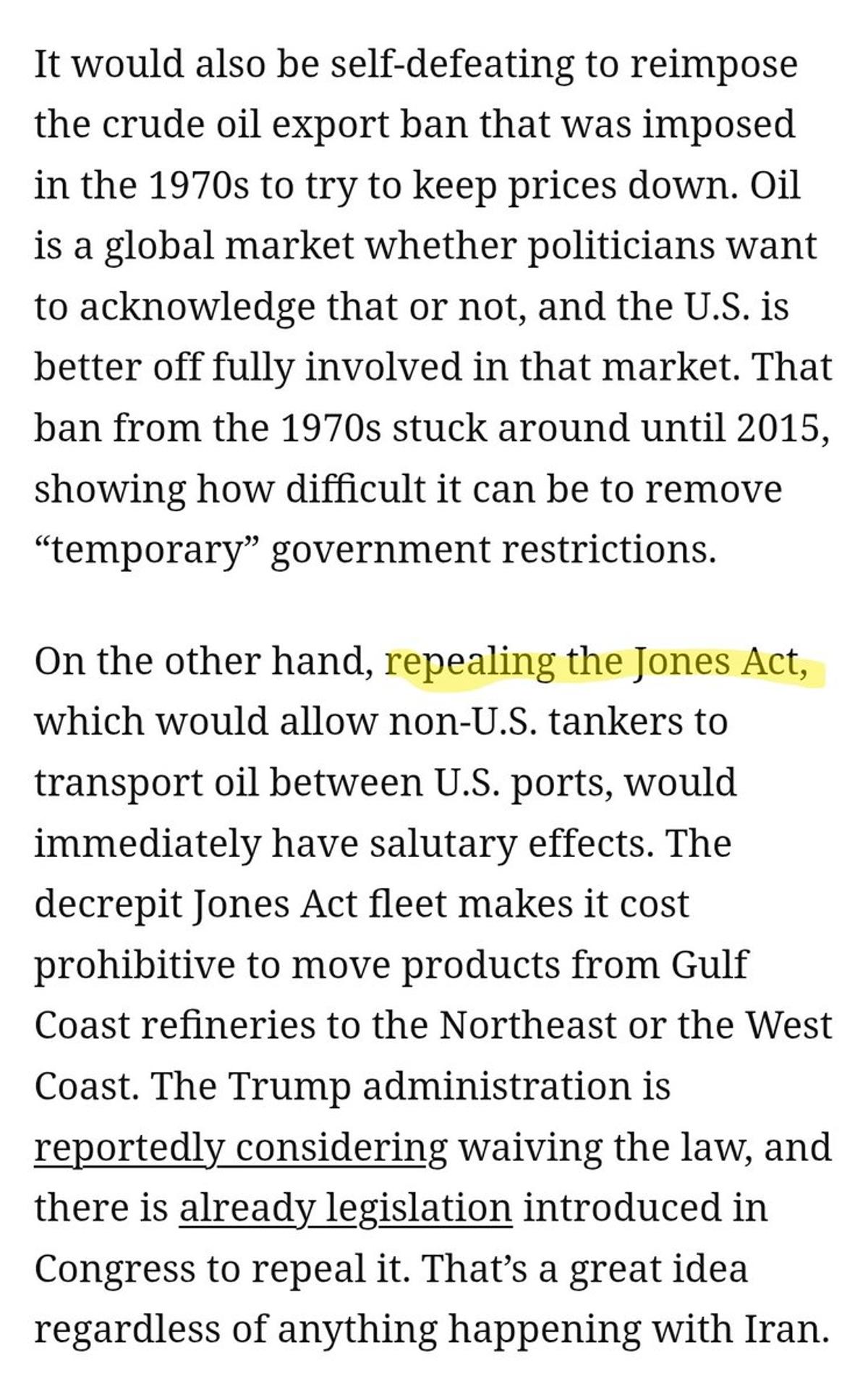 Repealing Jones Act Would Instantly Boost U.S. Oil Transport