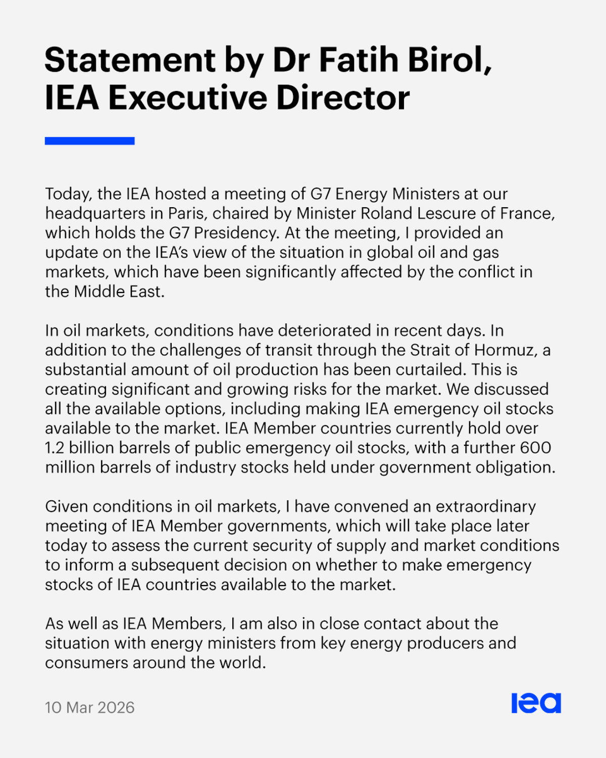 IEA Convenes G7 Ministers to Assess Oil‑gas Market