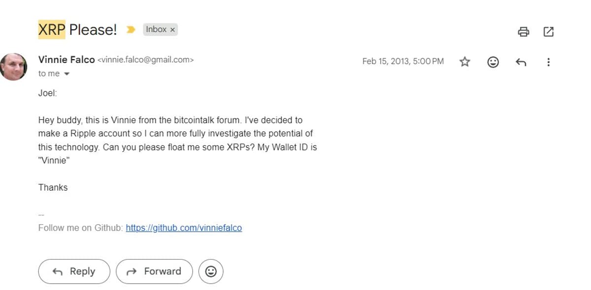 First XRP Email Arrived From FalcoVinnie, Feb 2013