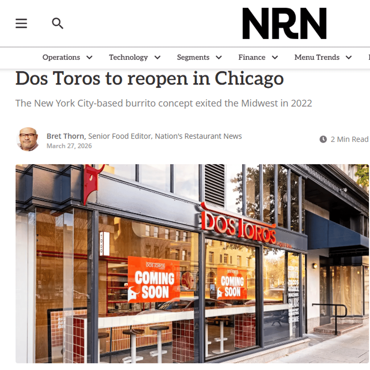 Dos Toros Returns to Chicago After Closure