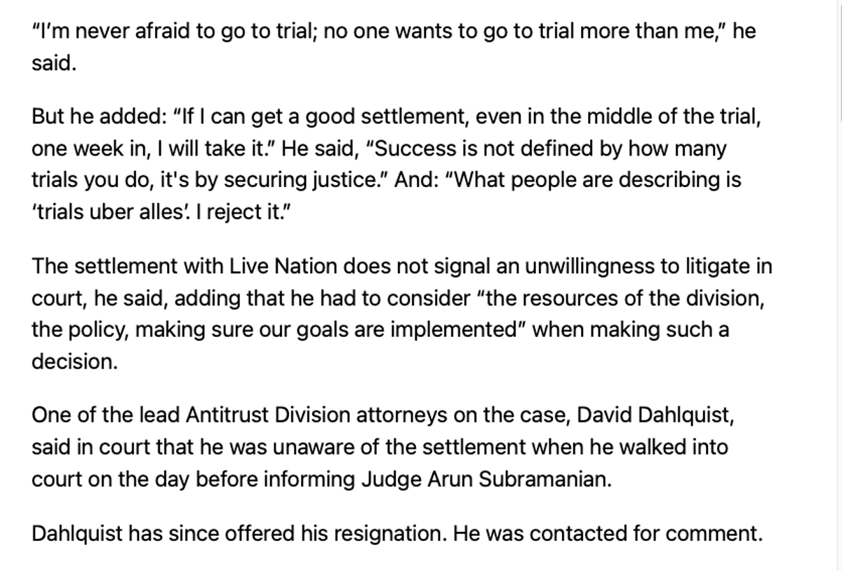 Antitrust Chief Assefi, a Ticketmaster Settlement Loser