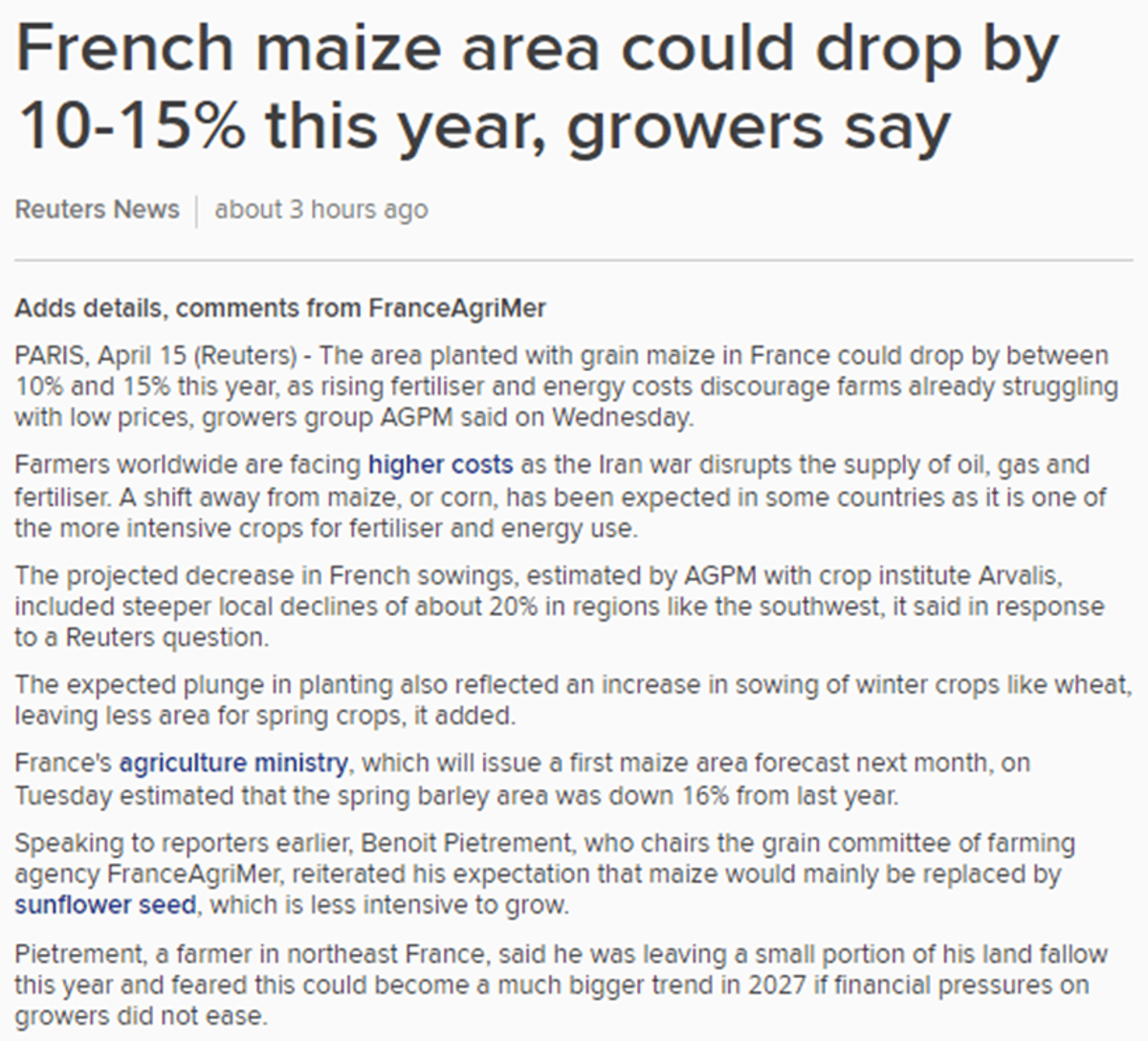 French Corn Acreage May Drop 10‑15% Amid Cost Surge