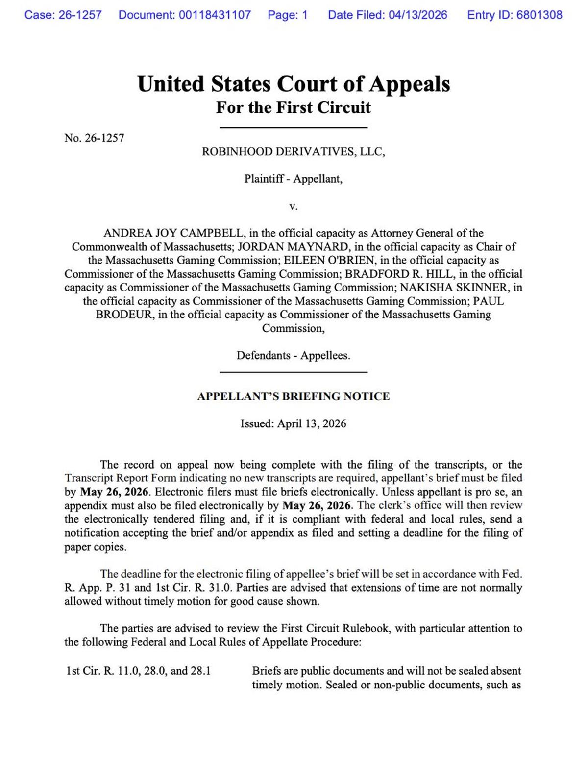 First Circuit Schedules Briefing in Robinhood‑Massachusetts Prediction Market Appeal