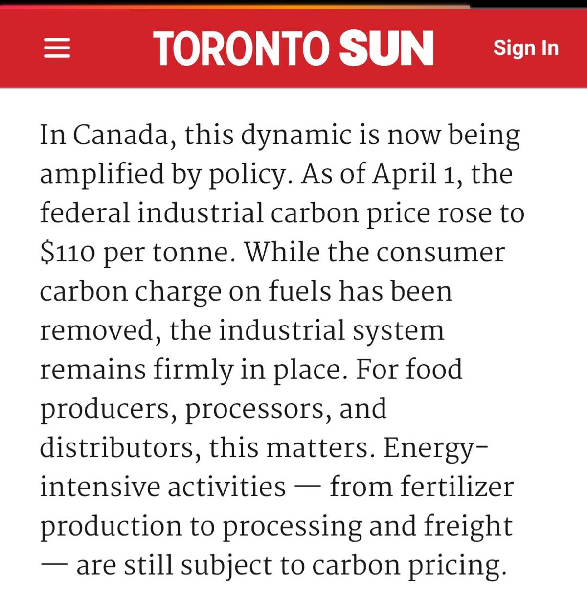 Freight and Small Food Plants Exempt From Carbon Tax