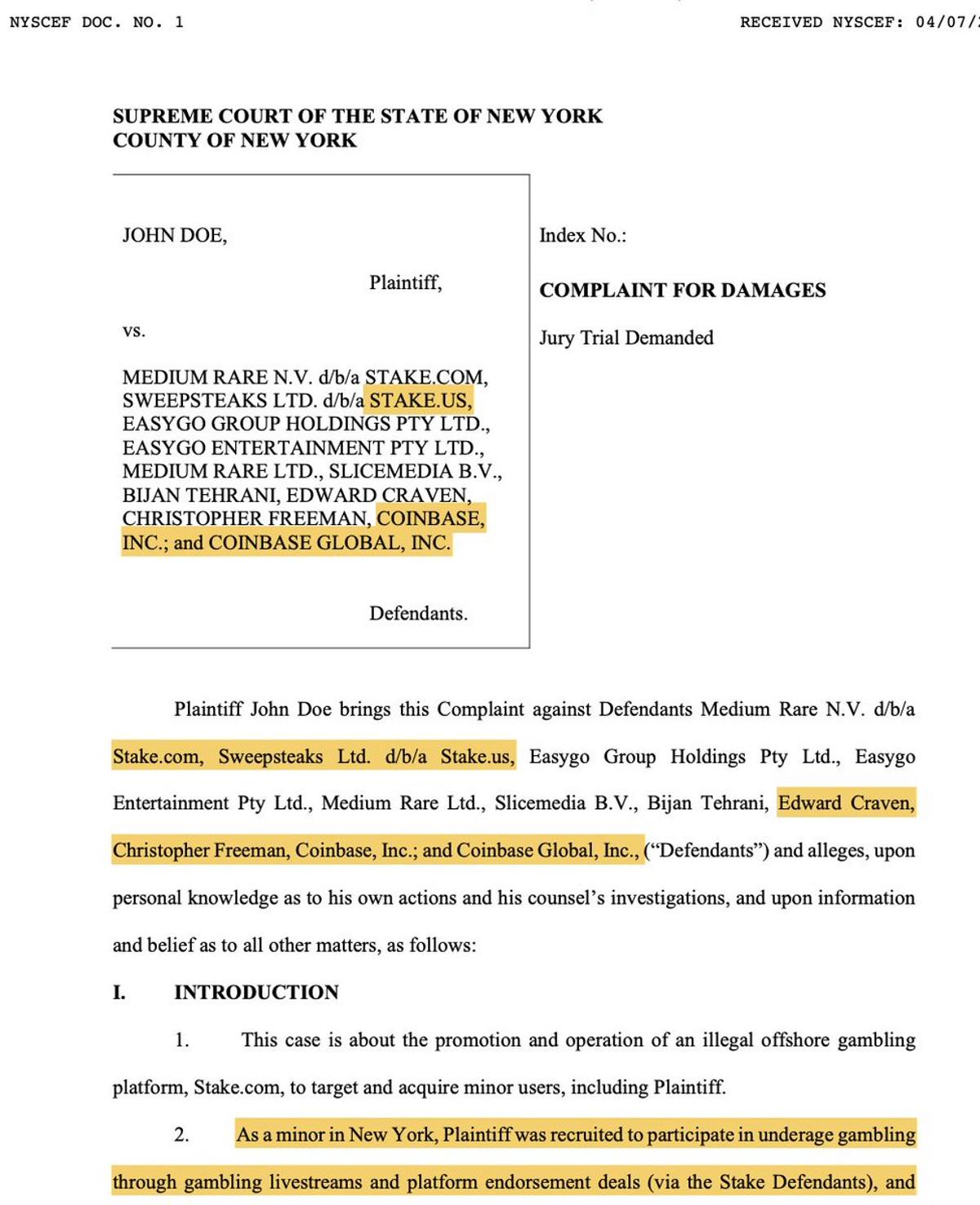 Lawsuit Claims Stake and Coinbase Enabled NY Underage Gambling