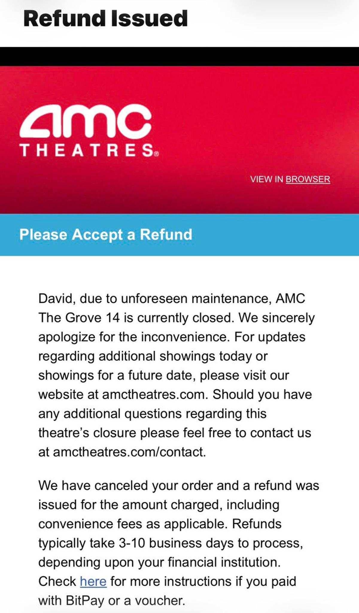 AMC at The Grove Closed Tomorrow for Repairs
