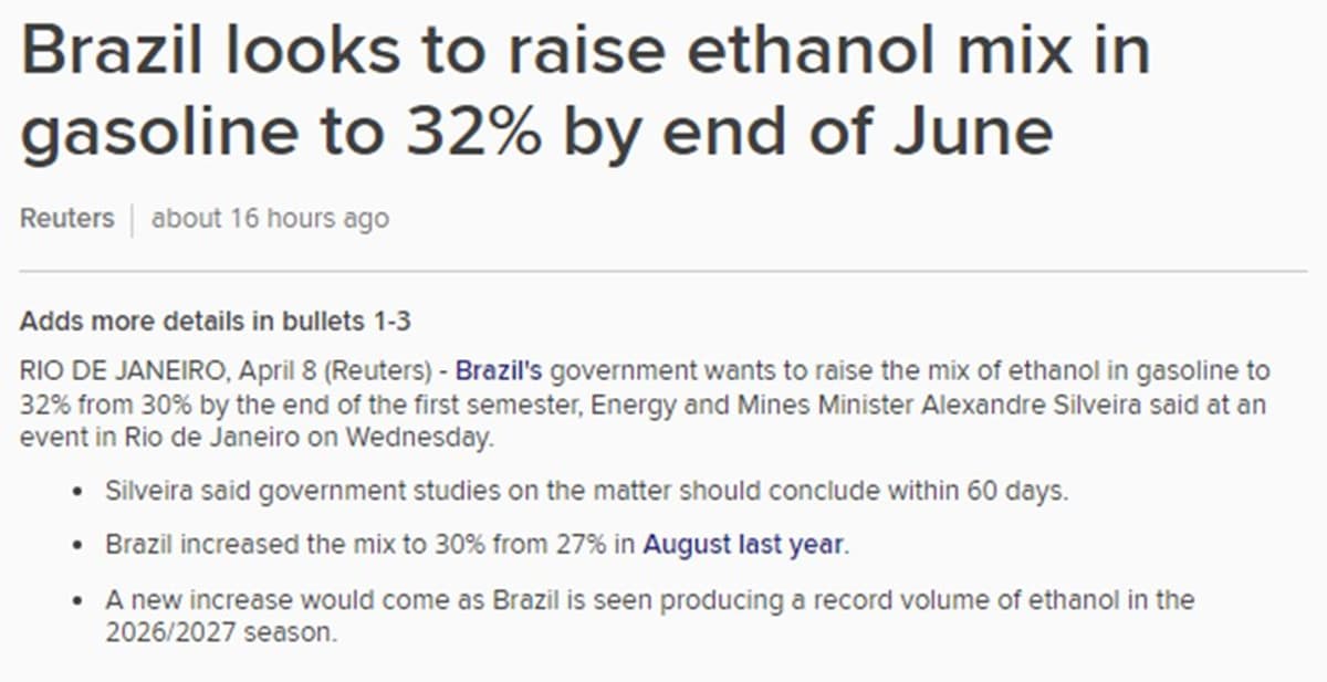 Brazil Hikes Ethanol Blend; Argentina Lifts Corn Forecast