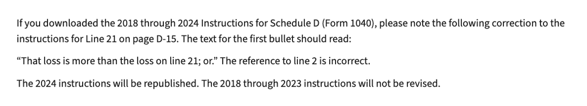 IRS Updates Schedule D Line 21 Instructions (2018‑2024)