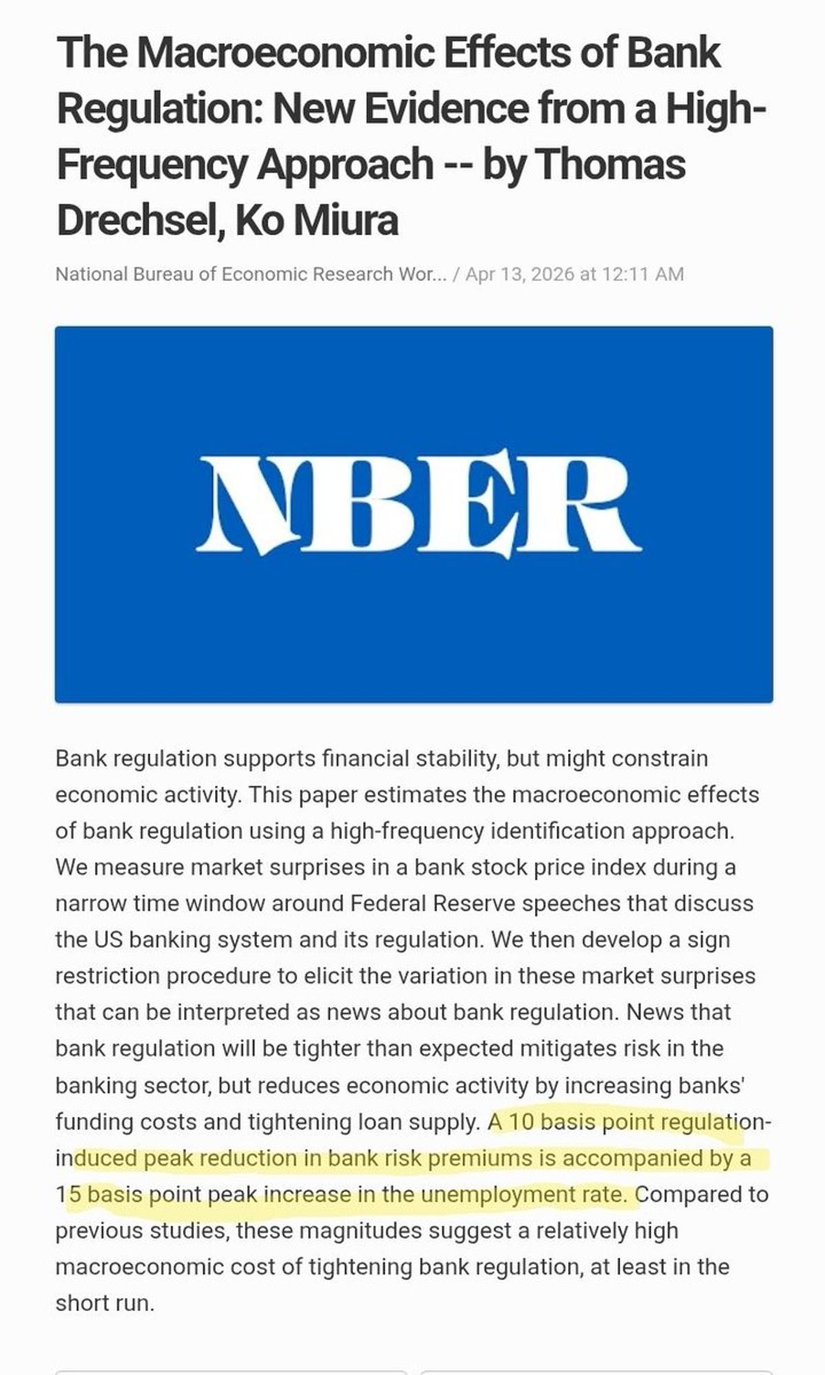 Regulation Cuts Bank Risk Premiums, Raises Unemployment