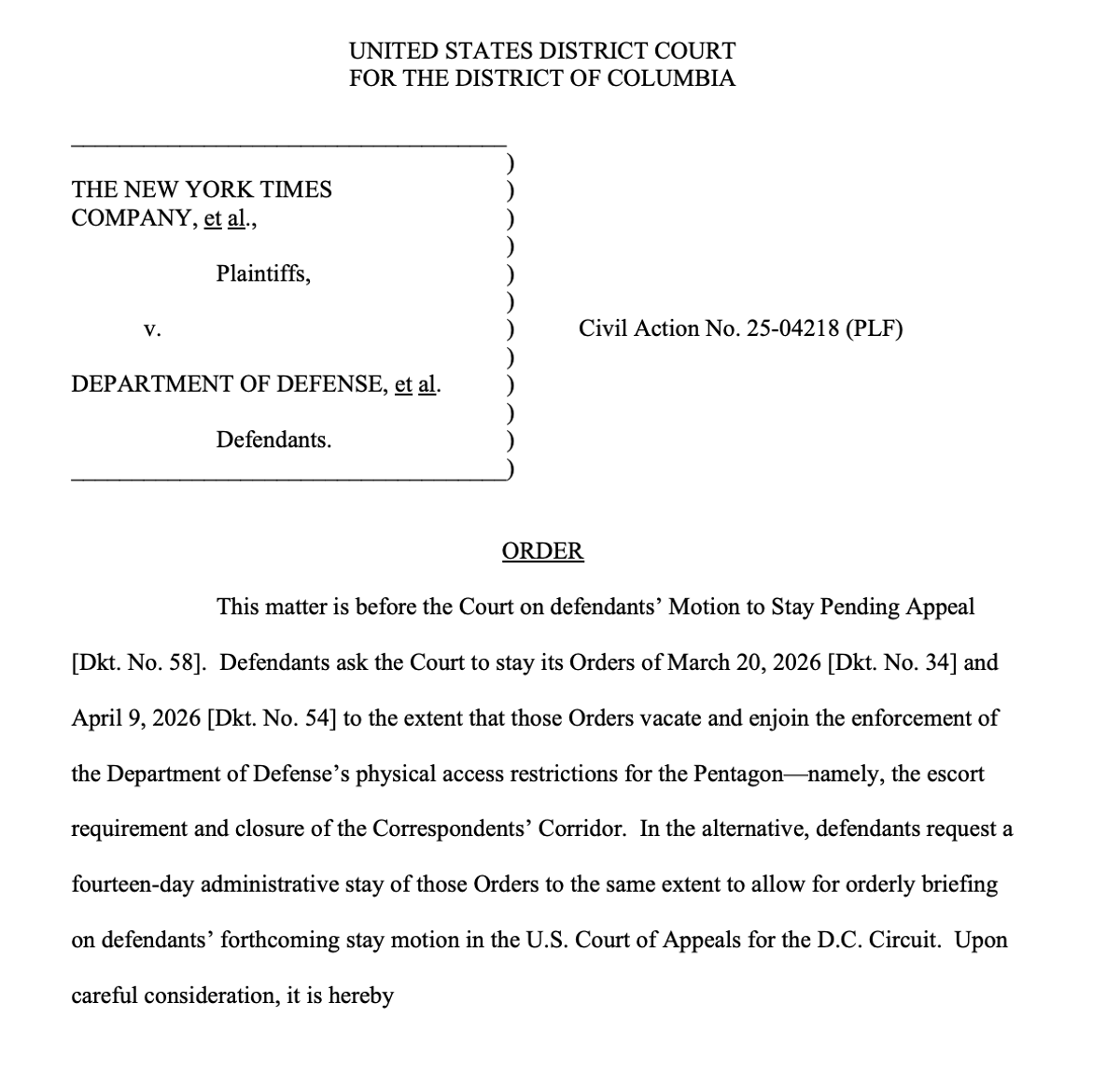 Judge Grants Pentagon 14‑day Pause on Corridor Changes