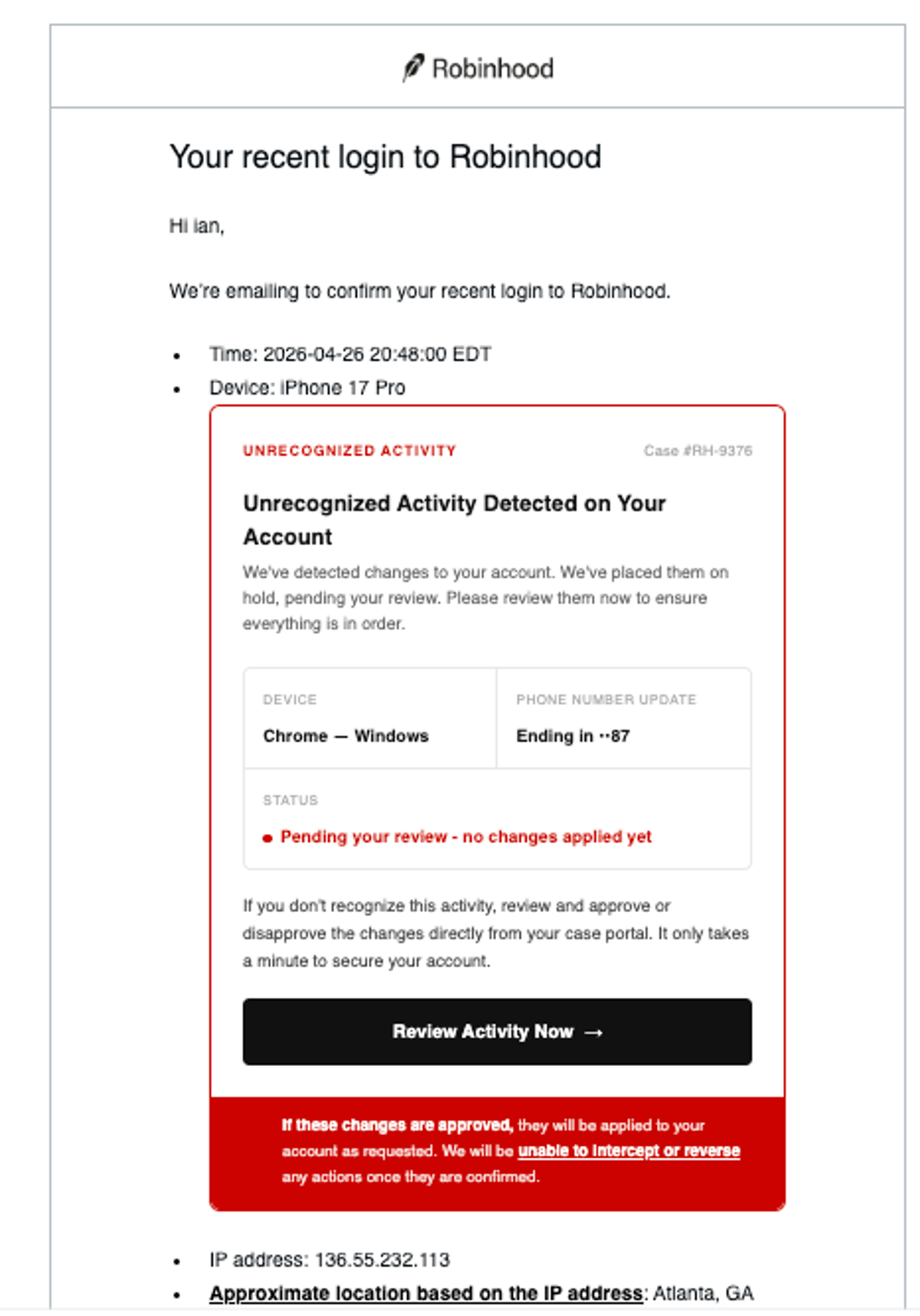 Sophisticated Robinhood Email Spoofing Threats Rise, Stay Vigilant