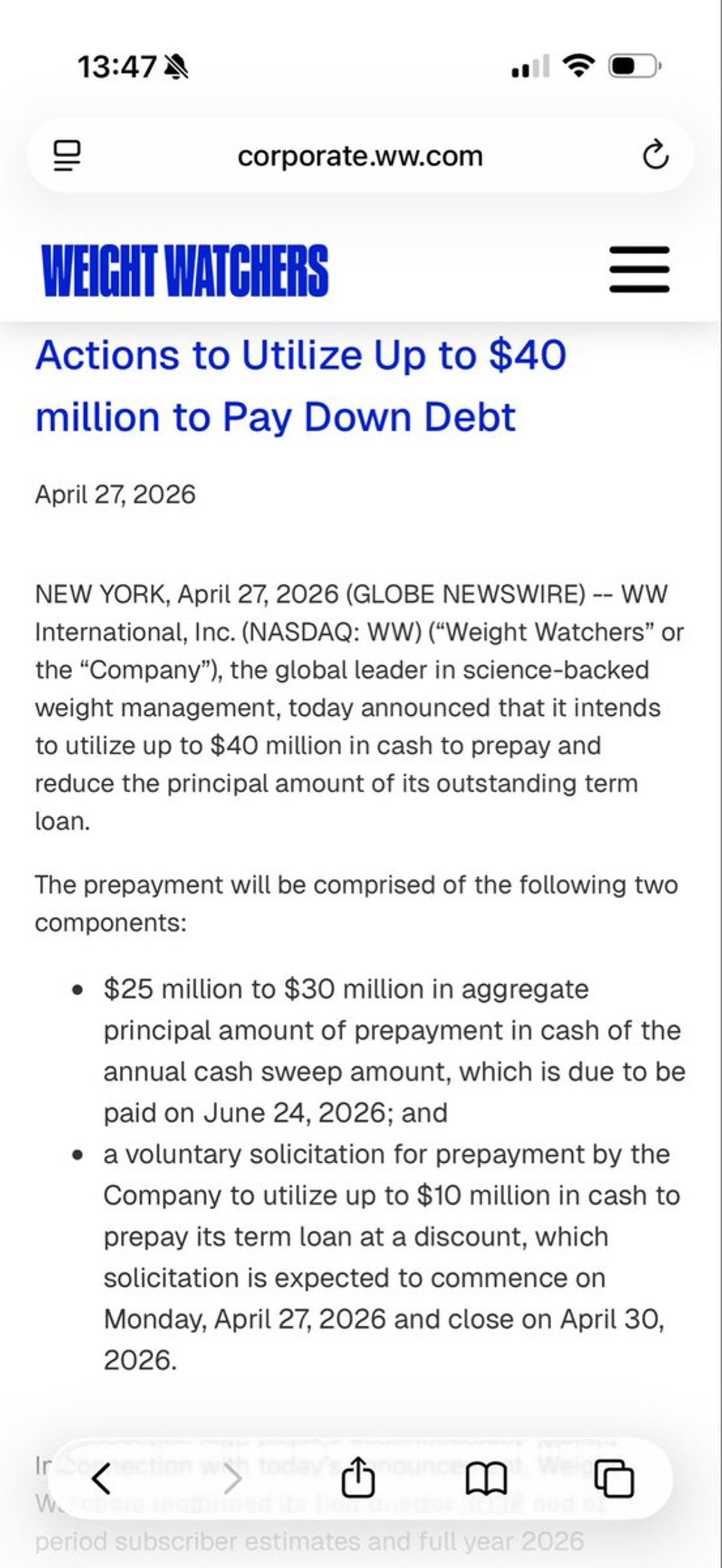 WeightWatchers Cuts $40M Debt, Saves $5M Interest