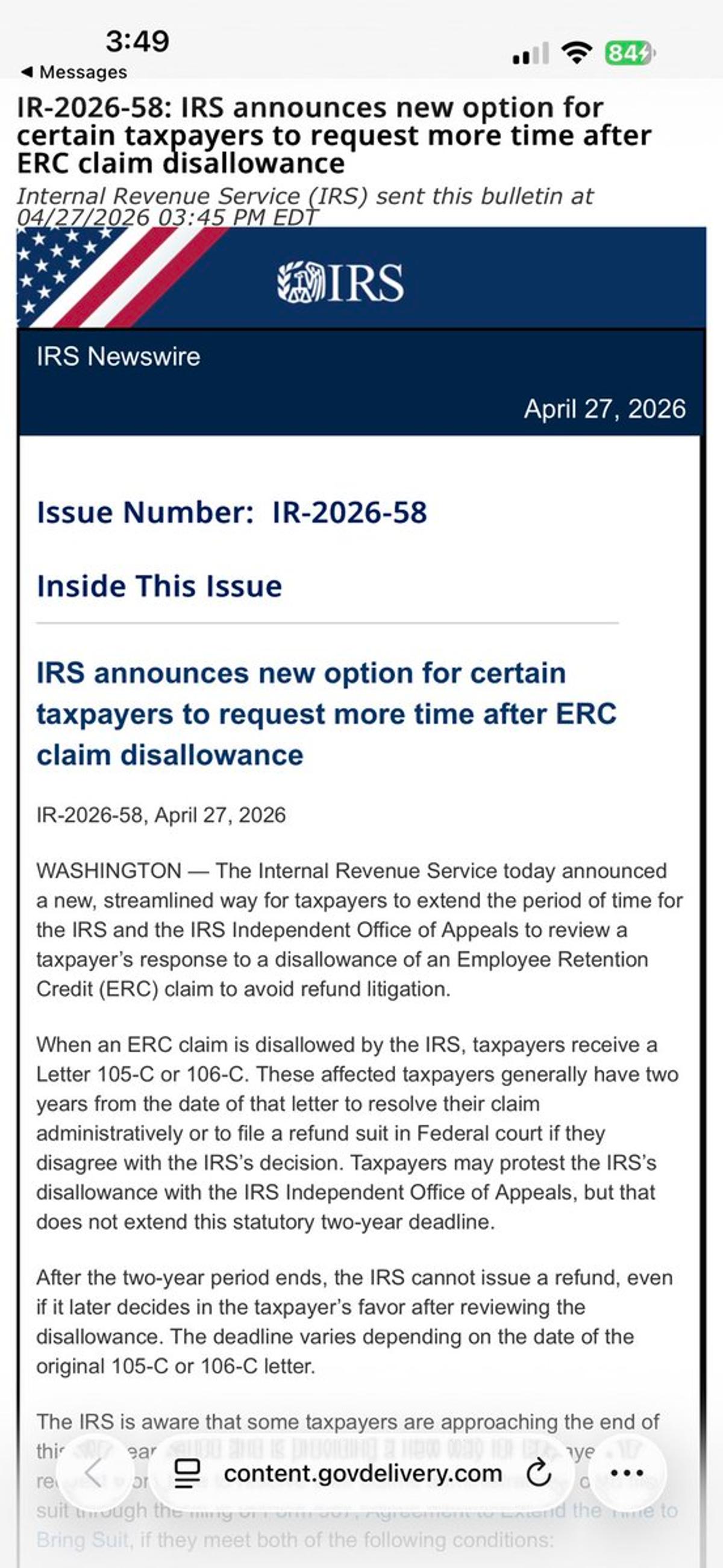 IRS Extends Deadline for Appealing ERC Claim Denials