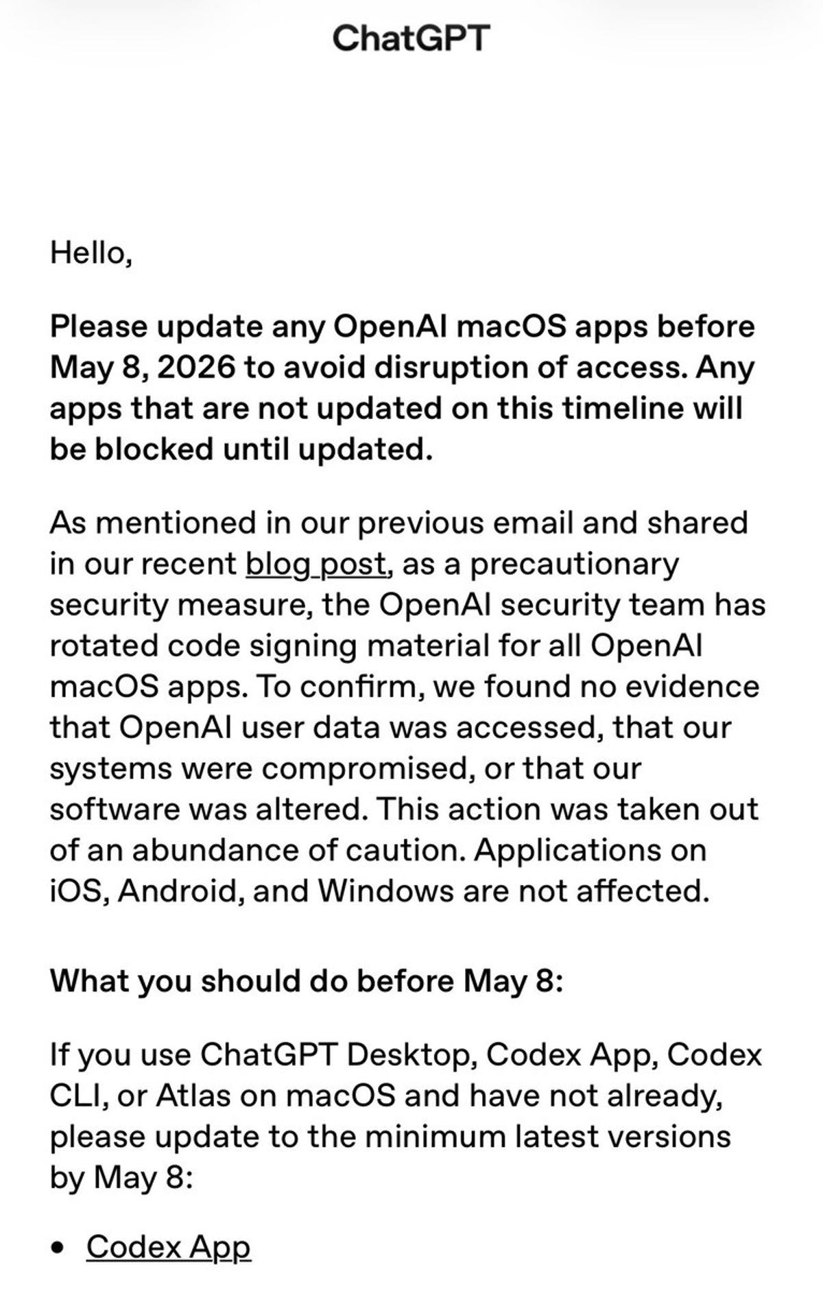 OpenAI Urges Mac Users to Update by May 8