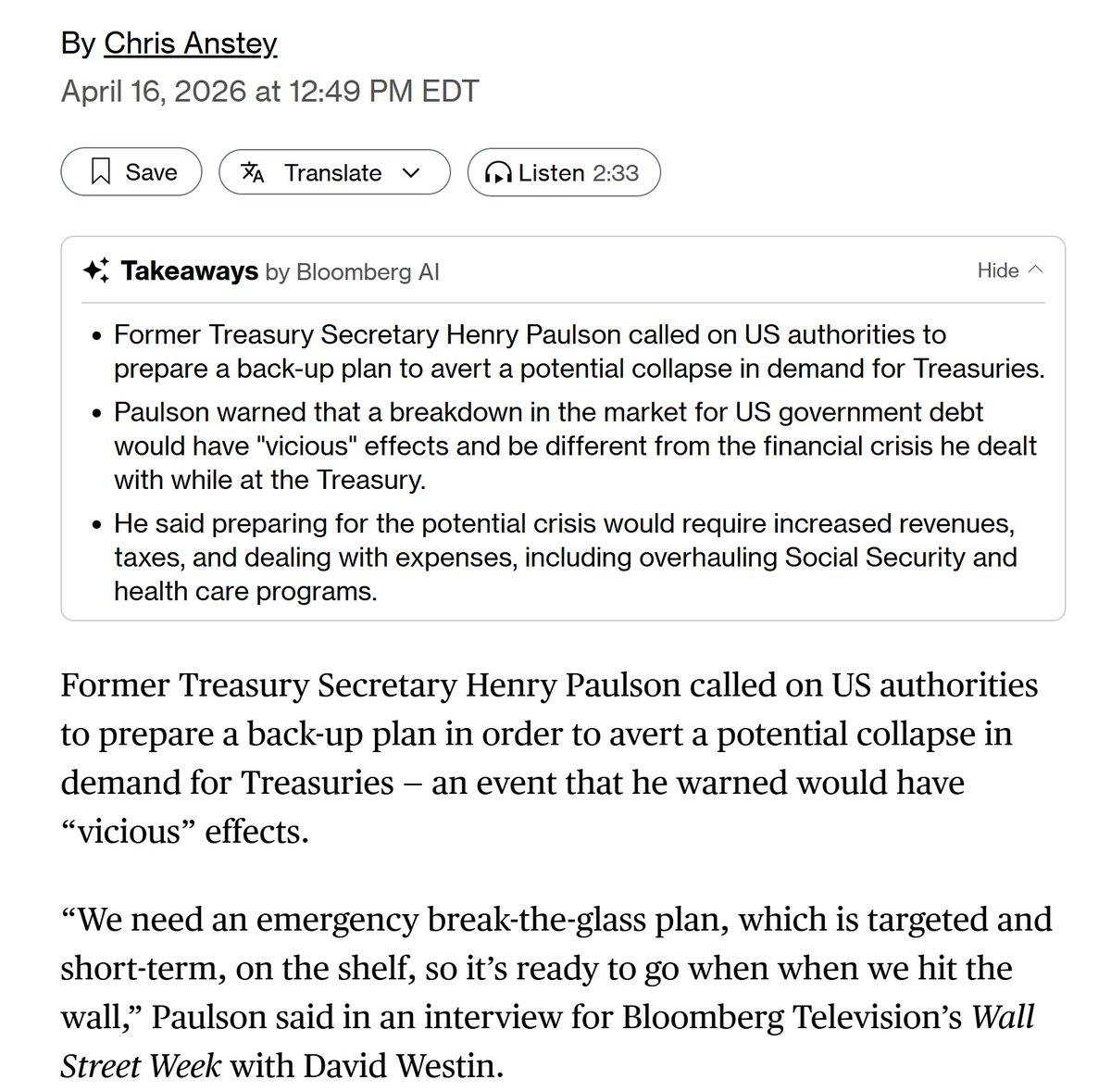 Paulson Warns of Imminent Vicious Bond Market Crash