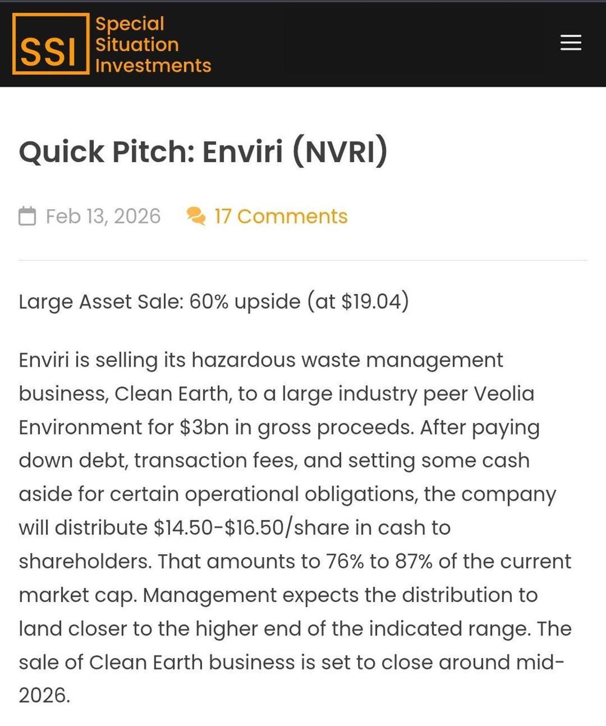 NVRI to Return 80% Market Cap, Remaining Assets Cheap