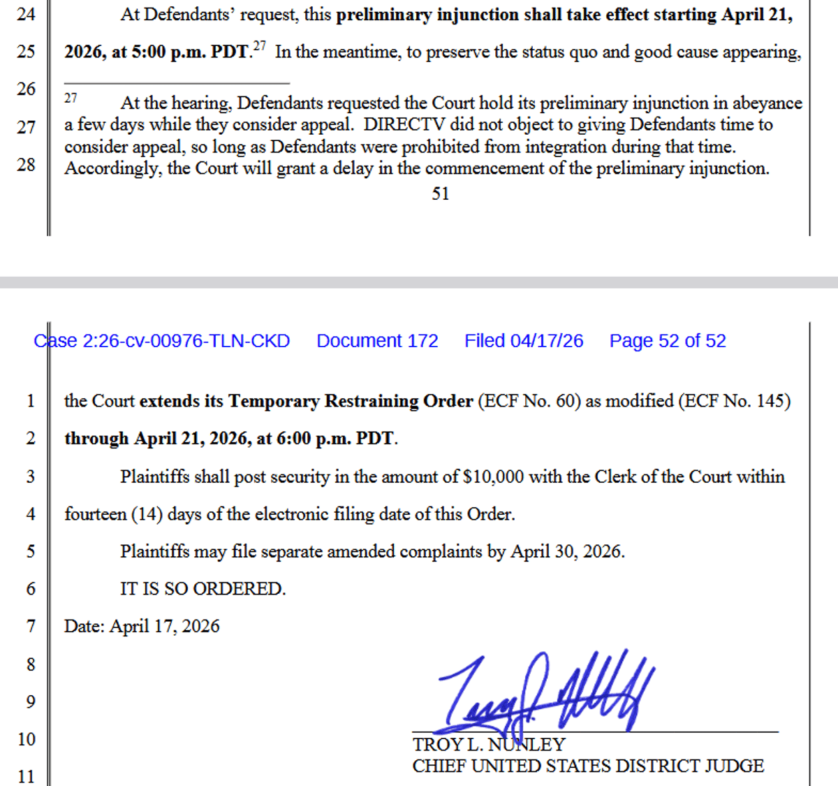 Court Extends TRO, Issues Preliminary Injunction, Requires $10K Security