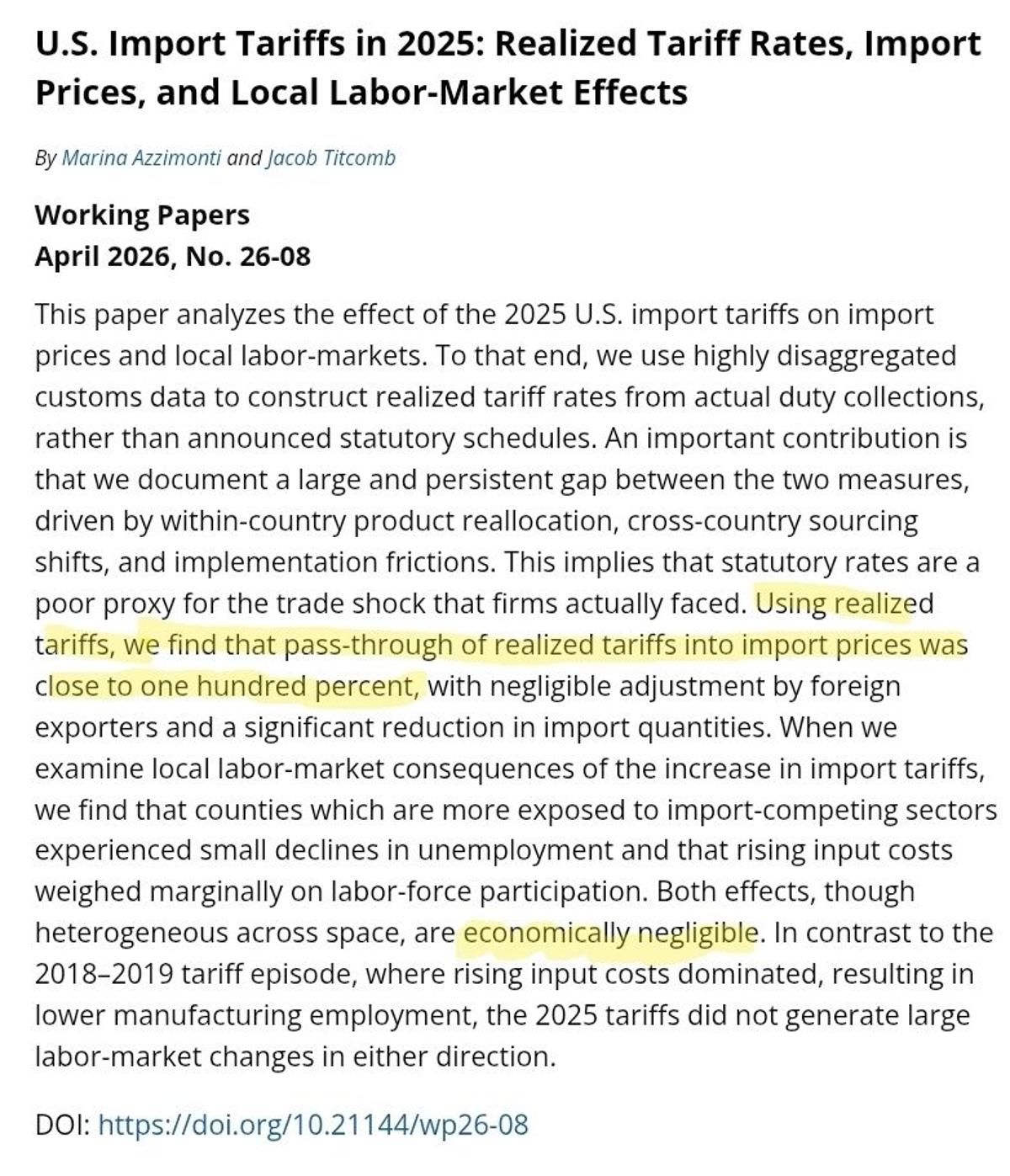 Tariffs Fully Passed to Consumers, Labor Gains Negligible
