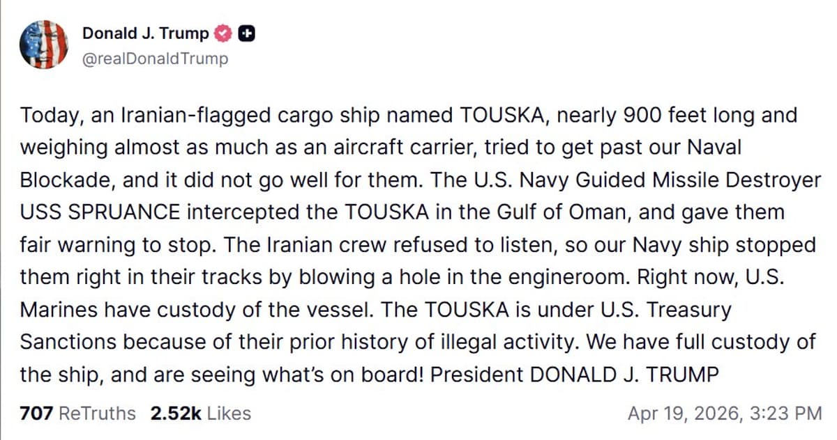 US Navy Halts Iranian Cargo Ship, Blows Engine Room