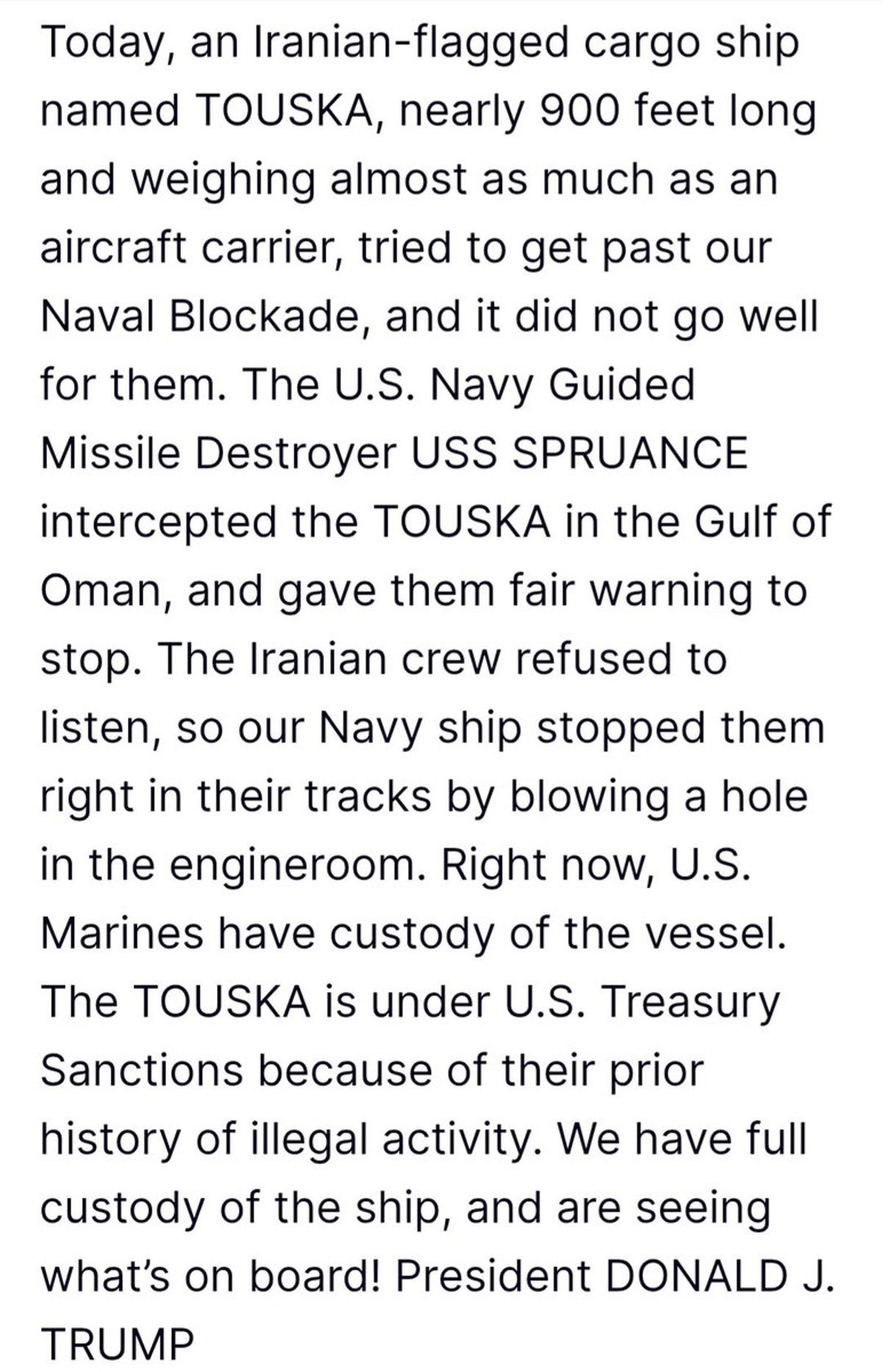 Trump Claims US Seized Iranian Tanker in Gulf of Oman