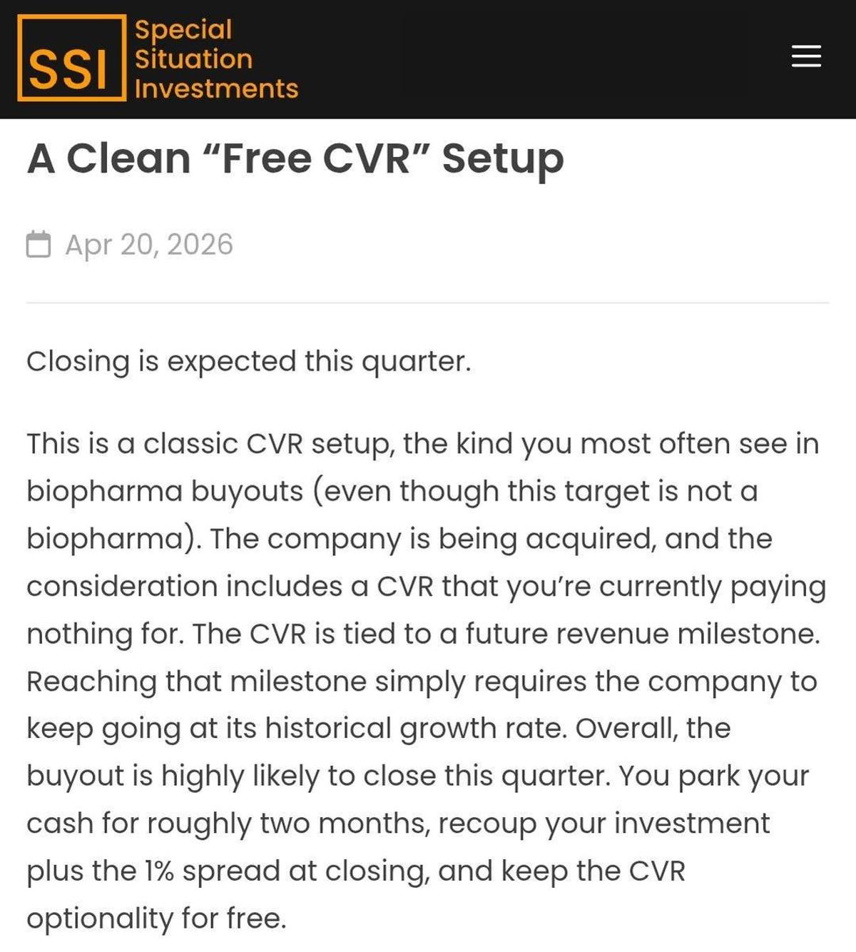 Arbitrage 1% SSI Merger Spread, Free CVR Optionality