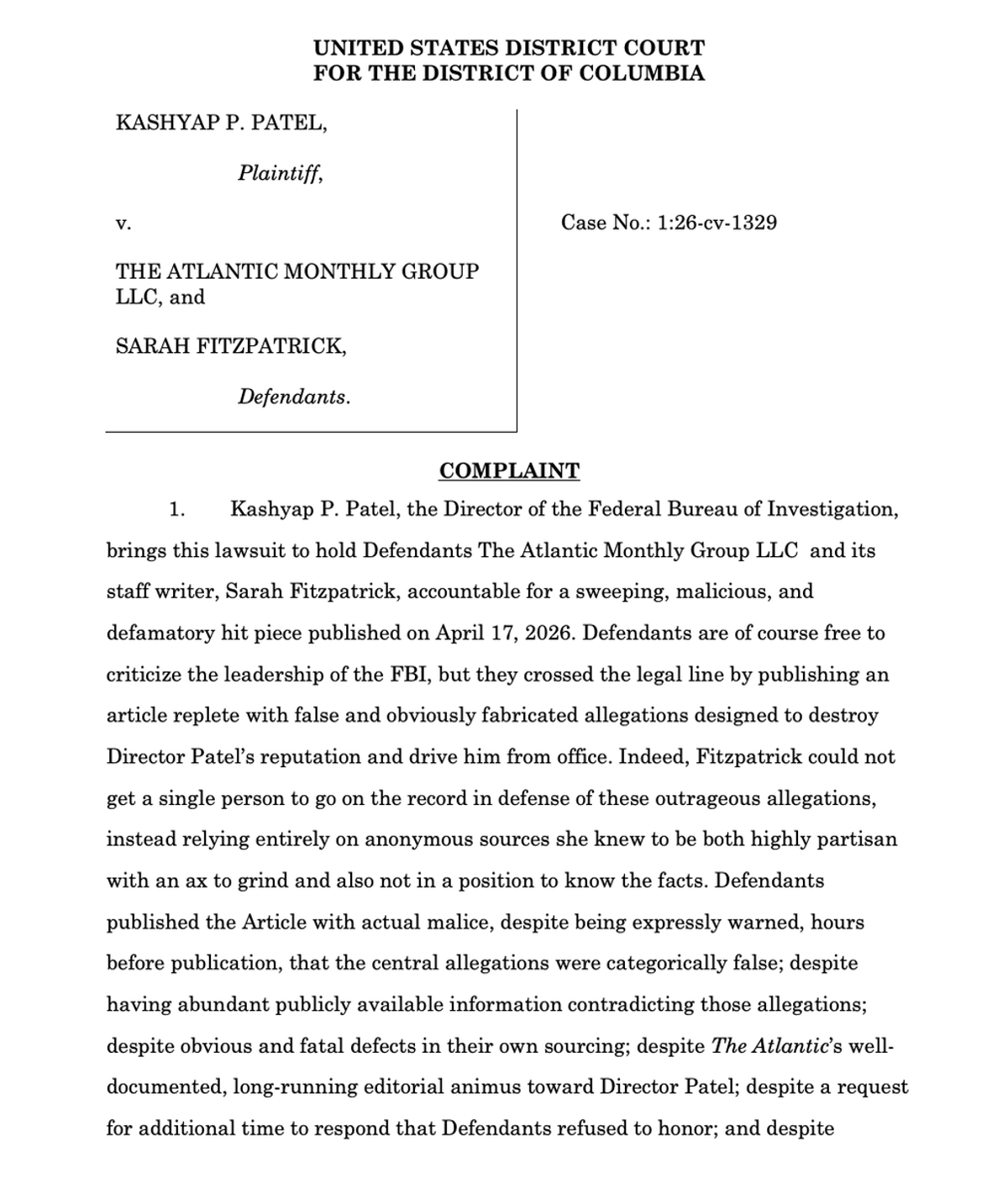 FBI Director Sues Atlantic for $250 Million Defamation Claim