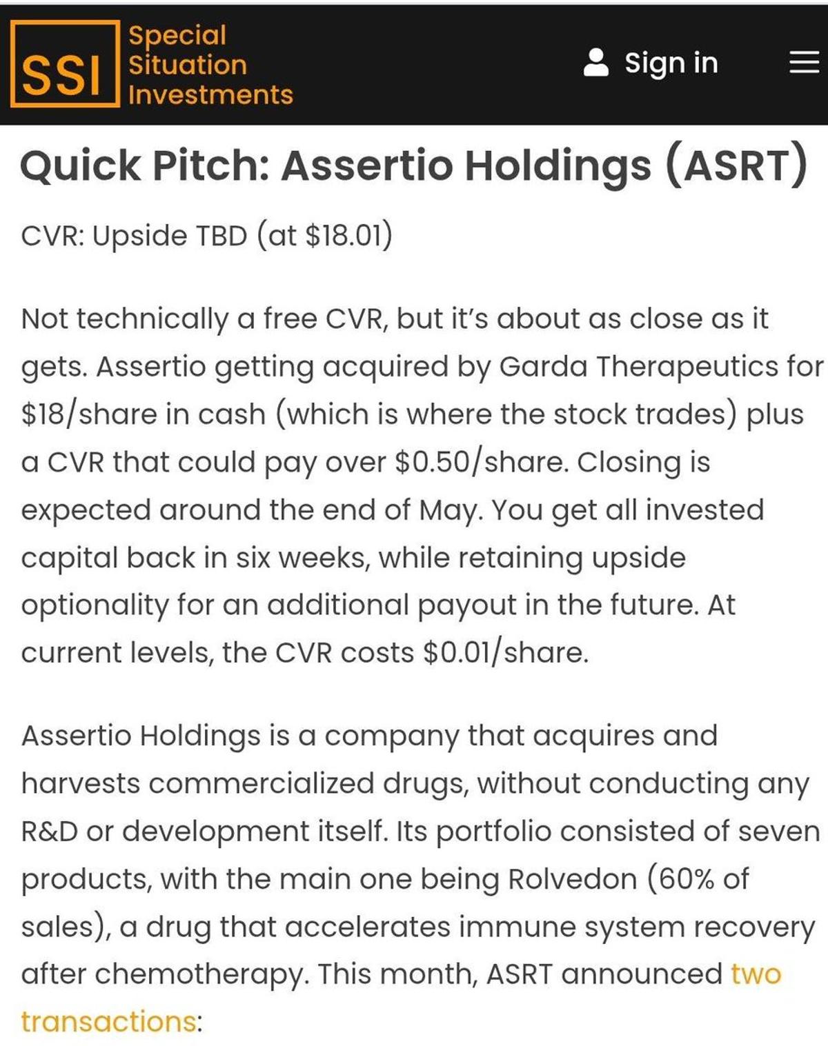 ASRT CVR: 1¢ Entry, 50¢ Potential Return
