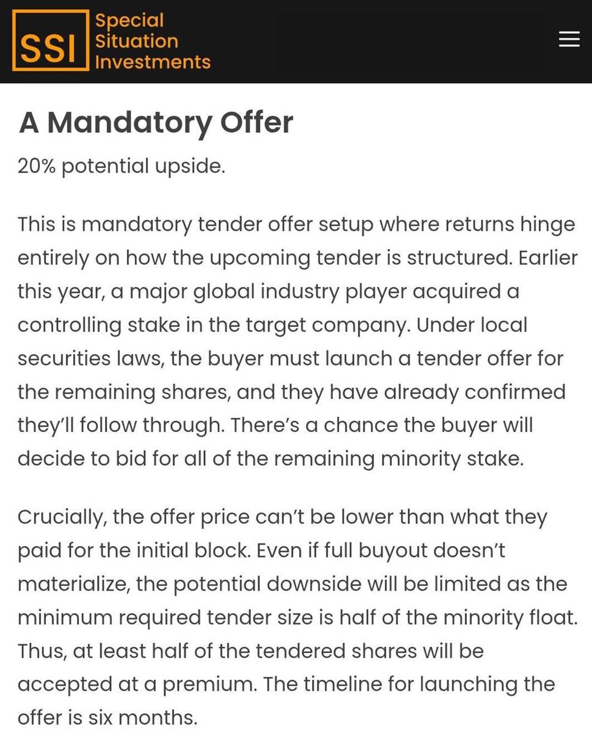 Strategic Buyer Nears Mandatory Offer with 20% Upside