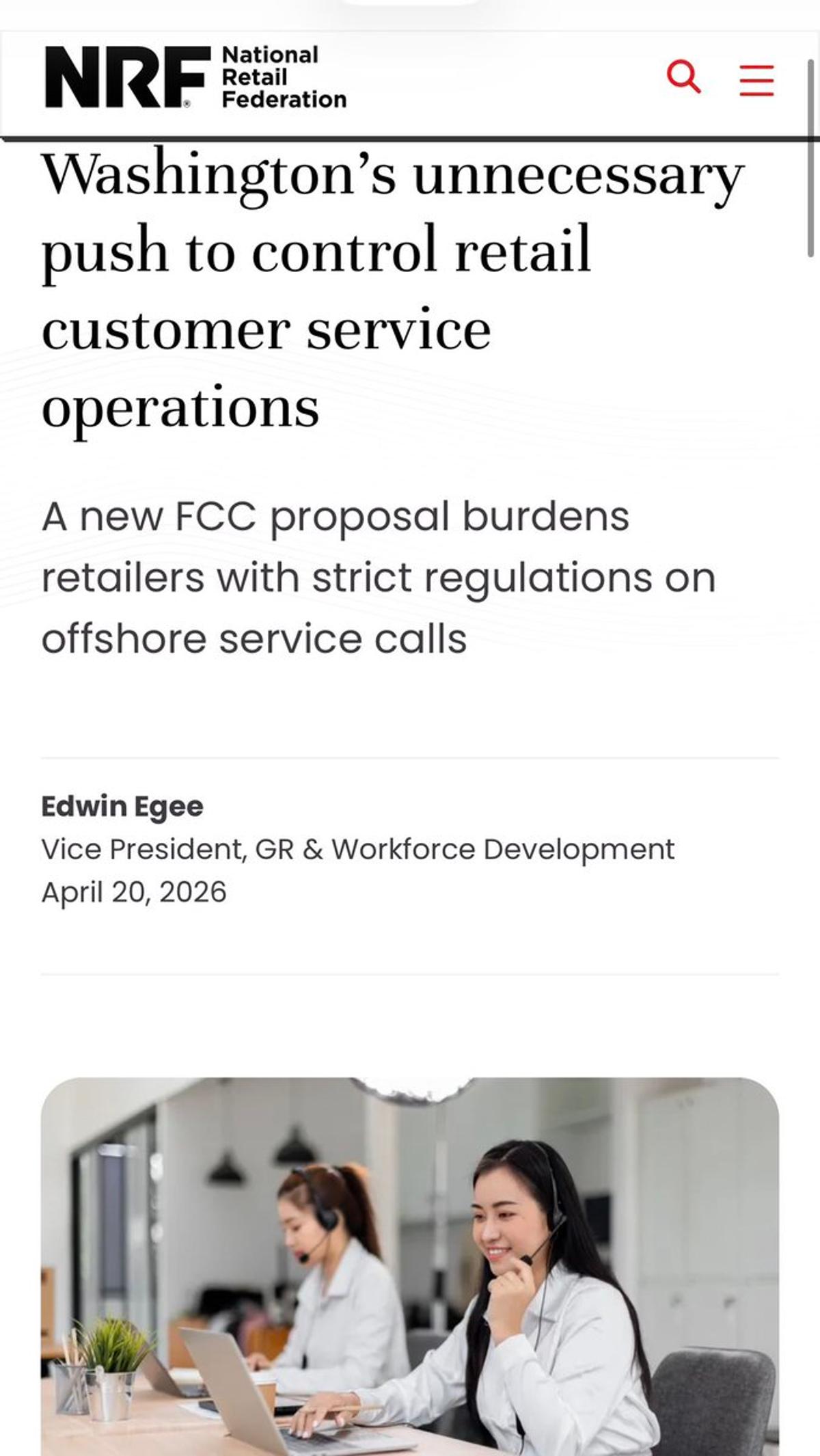 NRF Opposes FCC Call Center Rule, Cites Job Losses