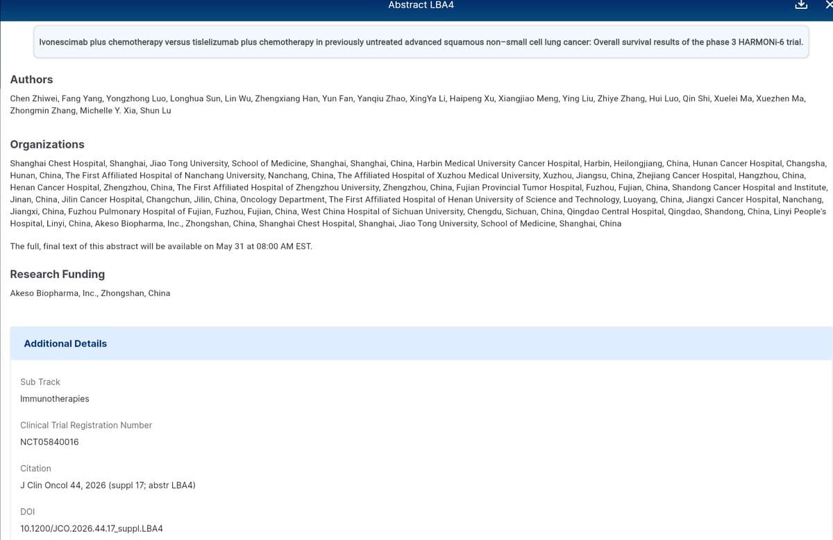 Ivonescimab Plus Chemo Rivals Tislelizumab in First‑line sqNSCLC