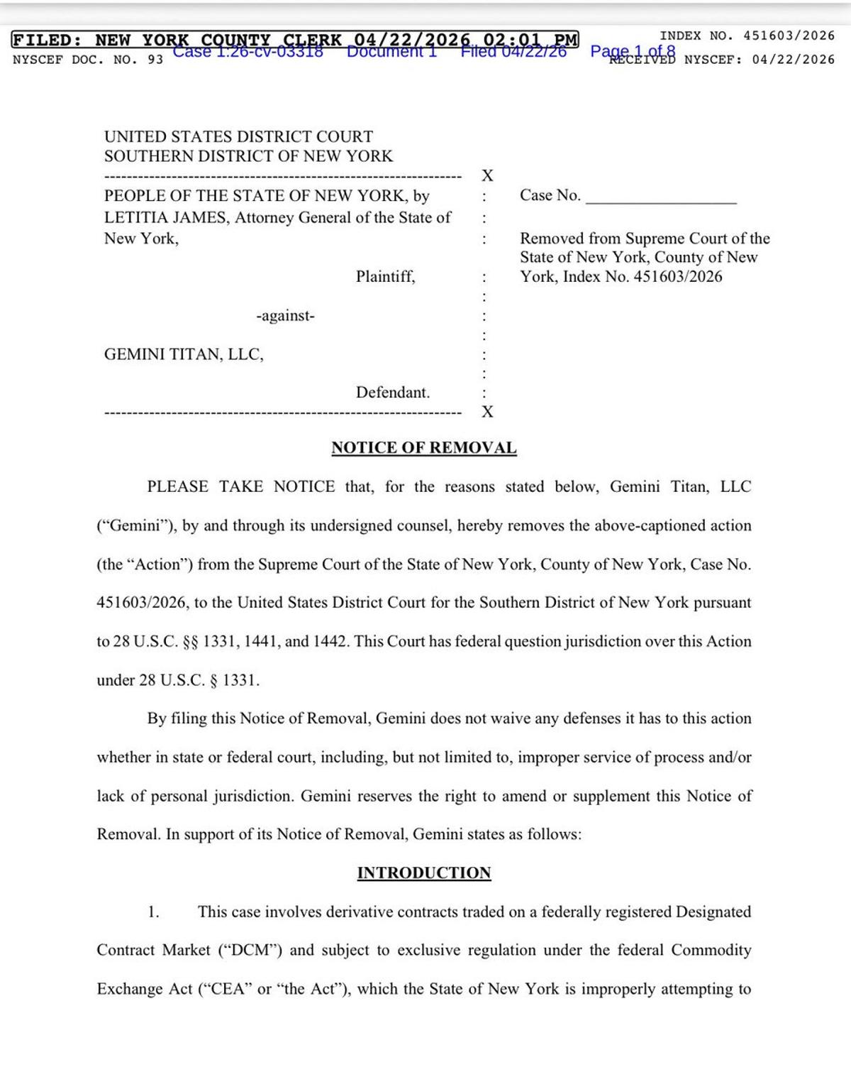 Gemini Follows Coinbase, Challenges NY AG Lawsuit in Federal Court