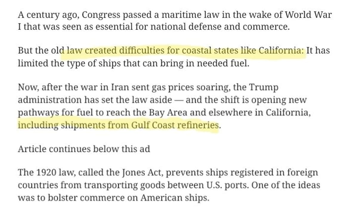 California Bypasses Jones Act with U.S.-made Gasoline