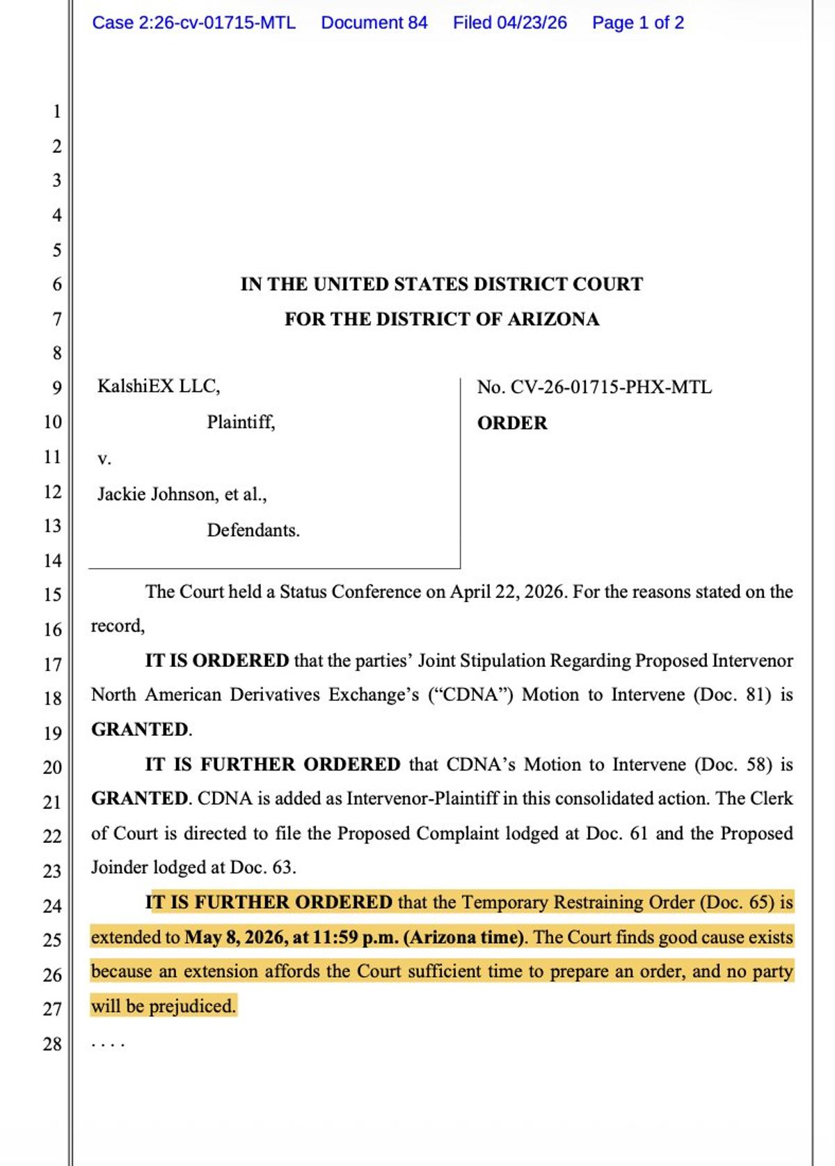 Judge Converts TRO to Preliminary Injunction, Vacates May Hearing