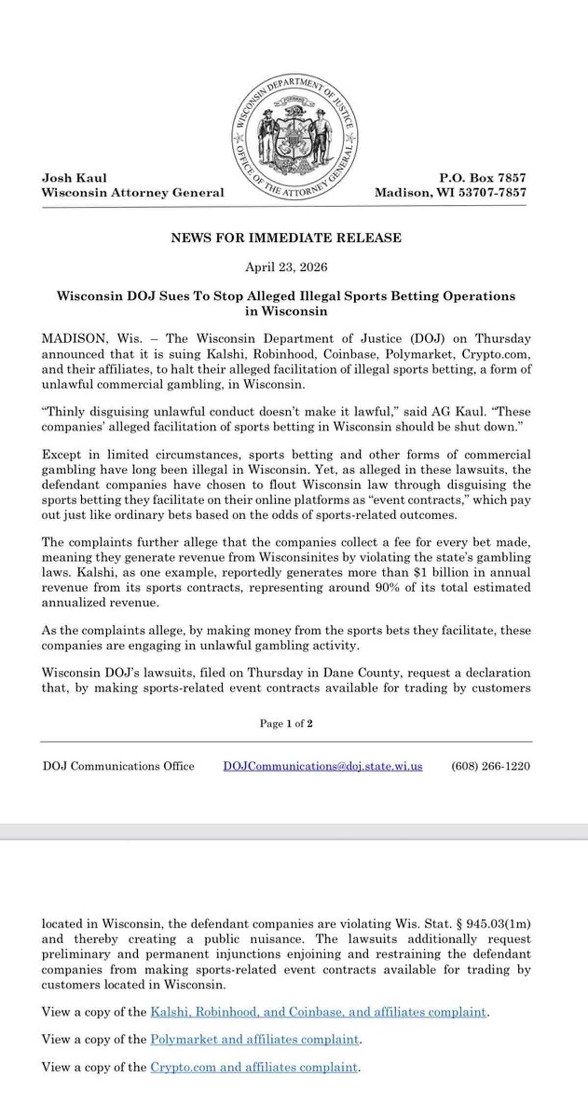 Wisconsin Sues Major Prediction Markets over Illegal Sports Betting