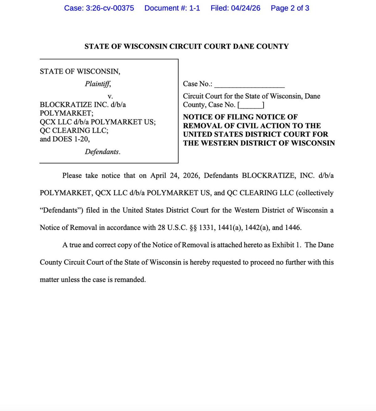 Polymarket Moves Wisconsin Enforcement Action to Federal Court