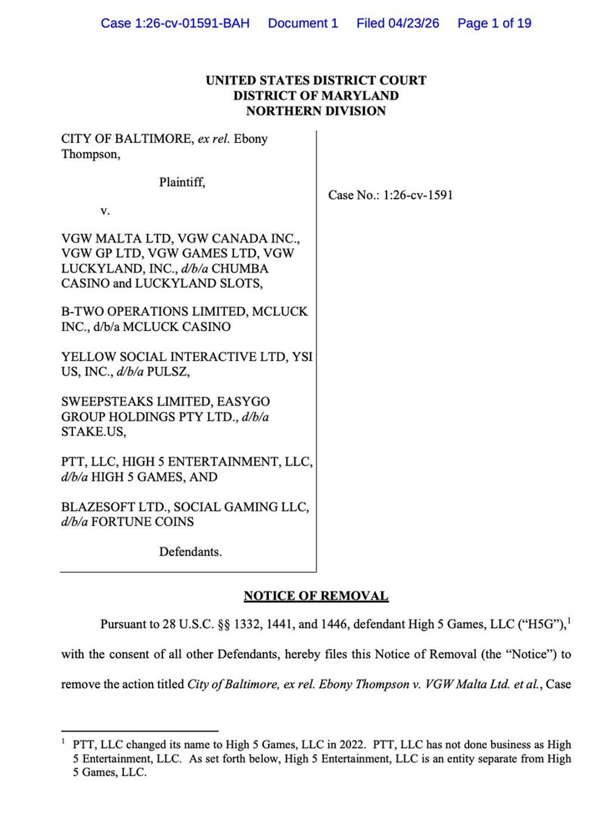 High 5 Games Moves Baltimore Lawsuit to Federal Court